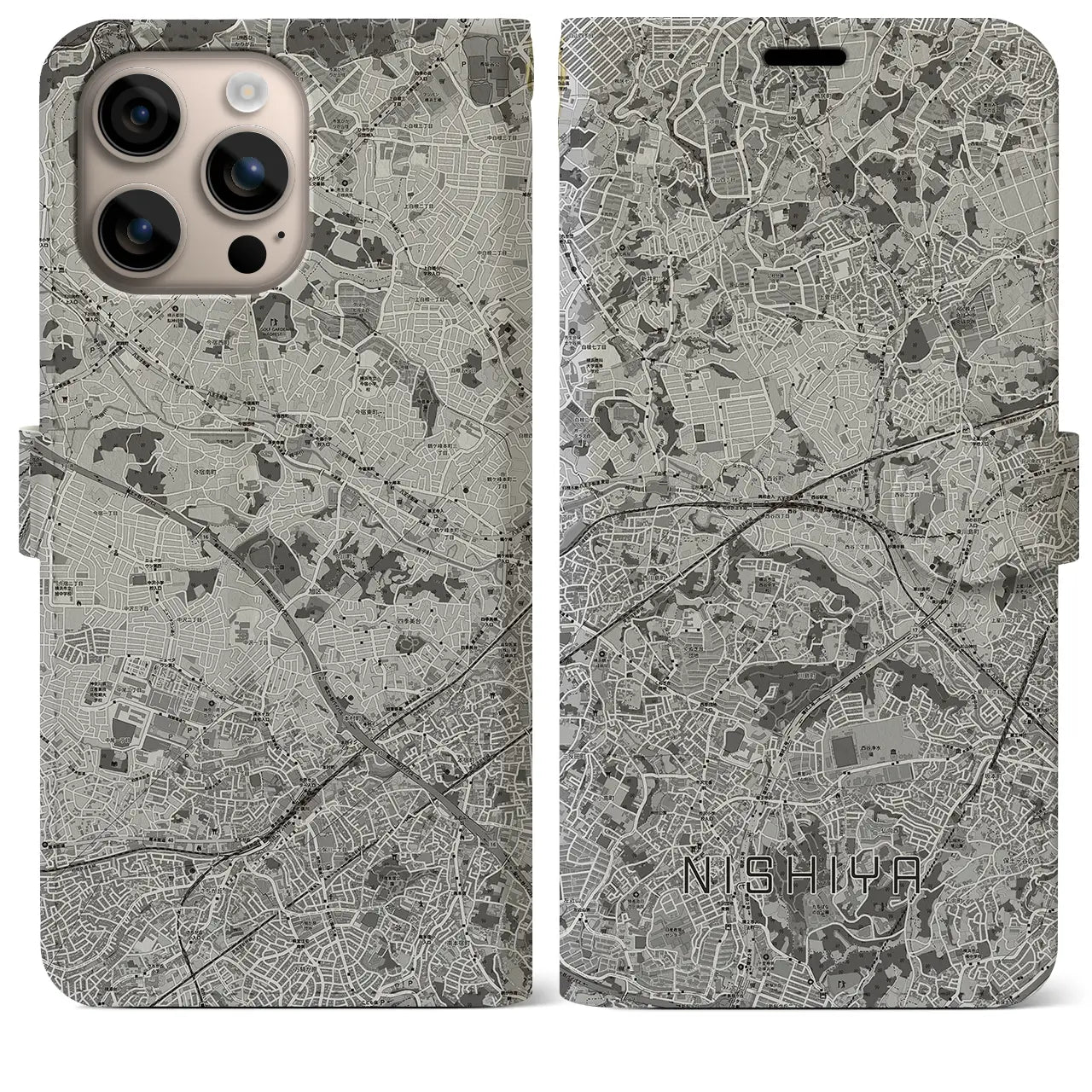 【西谷(神奈川県)】地図柄iPhoneケース(手帳タイプ)モノトーン・iPhone 16 Plus 用