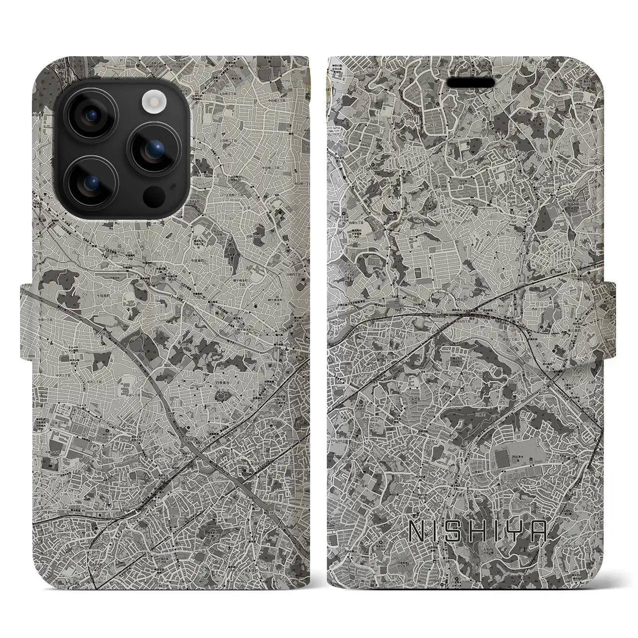【西谷(神奈川県)】地図柄iPhoneケース(手帳タイプ)モノトーン・iPhone 16 用
