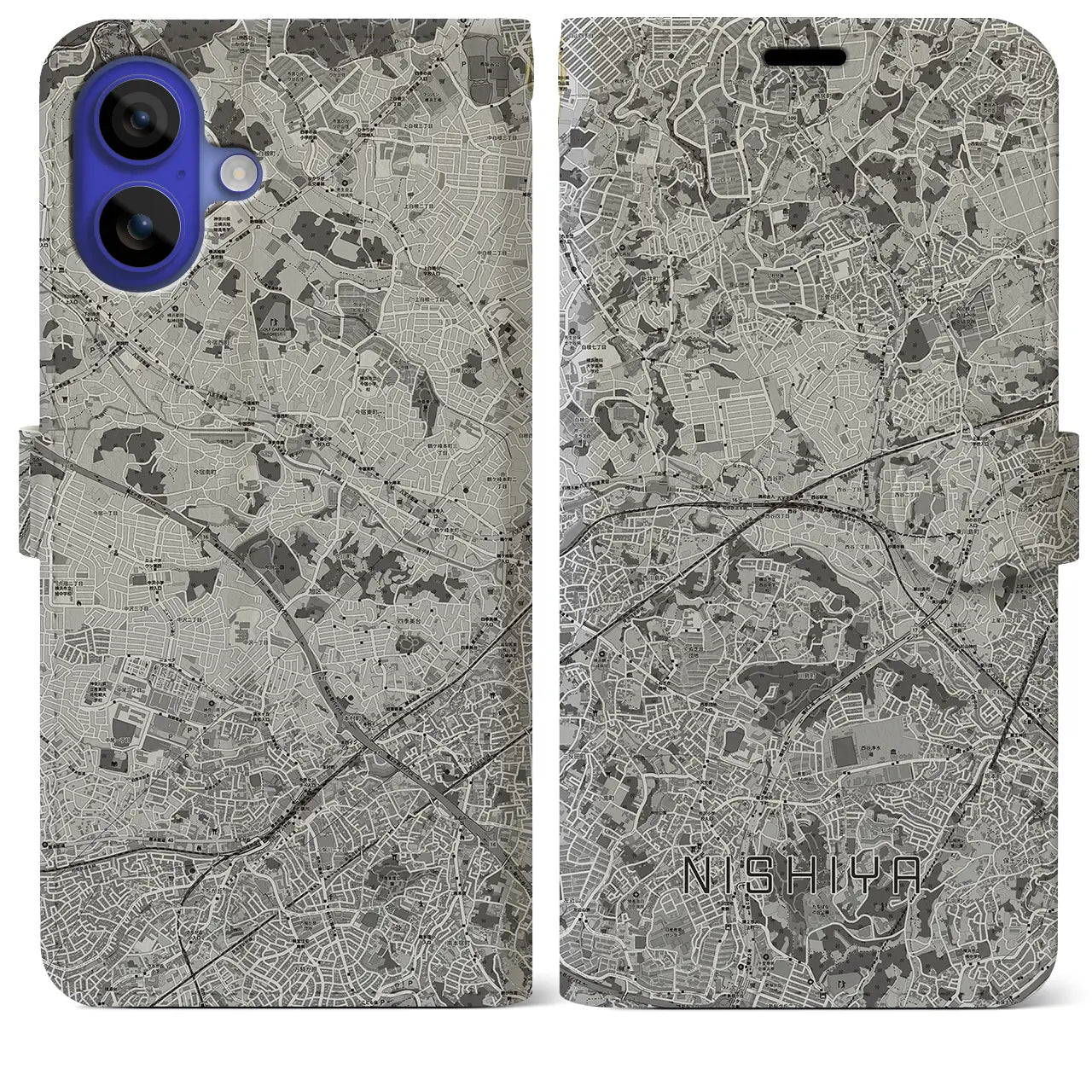 【西谷(神奈川県)】地図柄iPhoneケース(手帳タイプ)モノトーン・iPhone 16 Pro Max 用