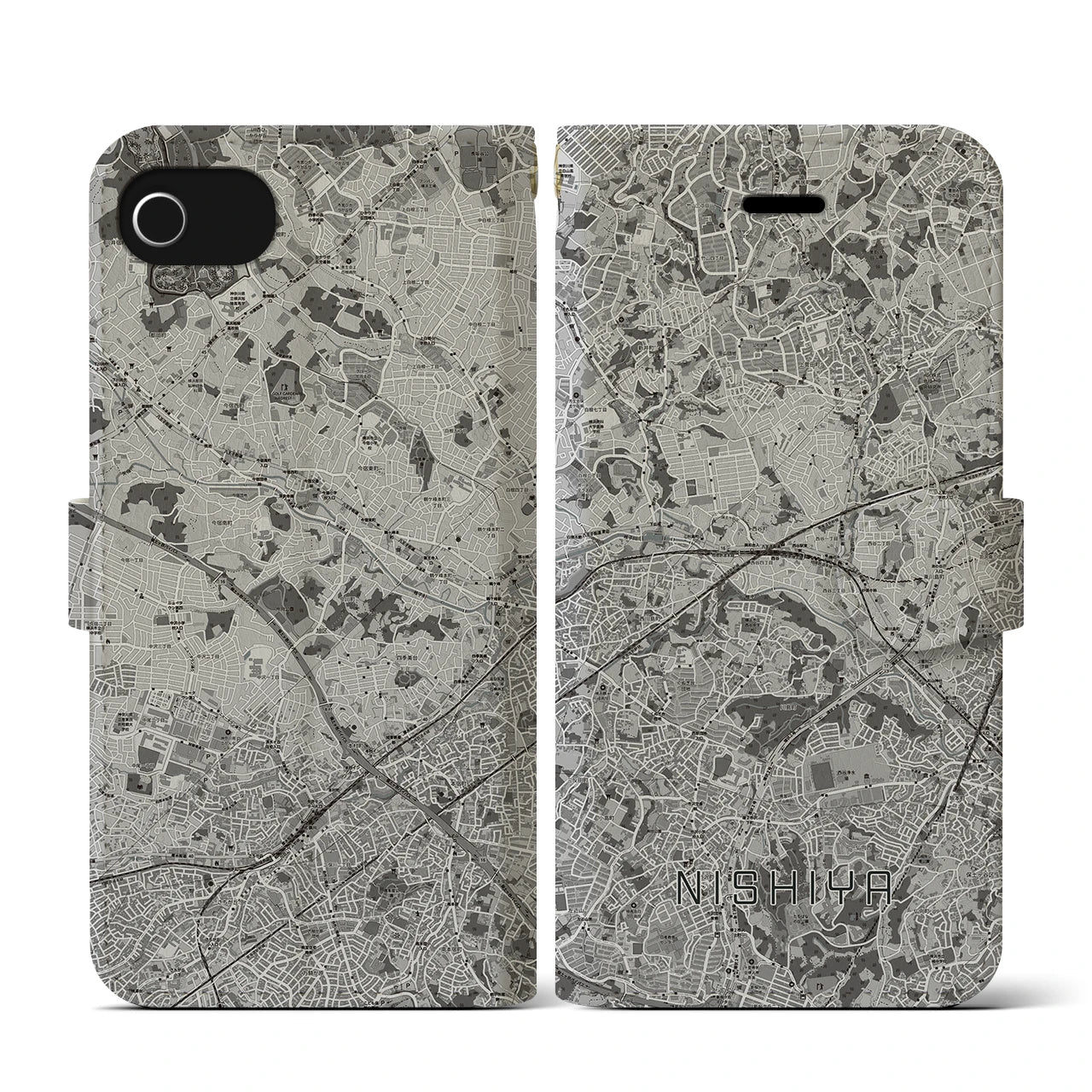 【西谷(神奈川県)】地図柄iPhoneケース(手帳タイプ)モノトーン・iPhone SE(第3 / 第2世代) / 8 / 7 / 6s / 6 用