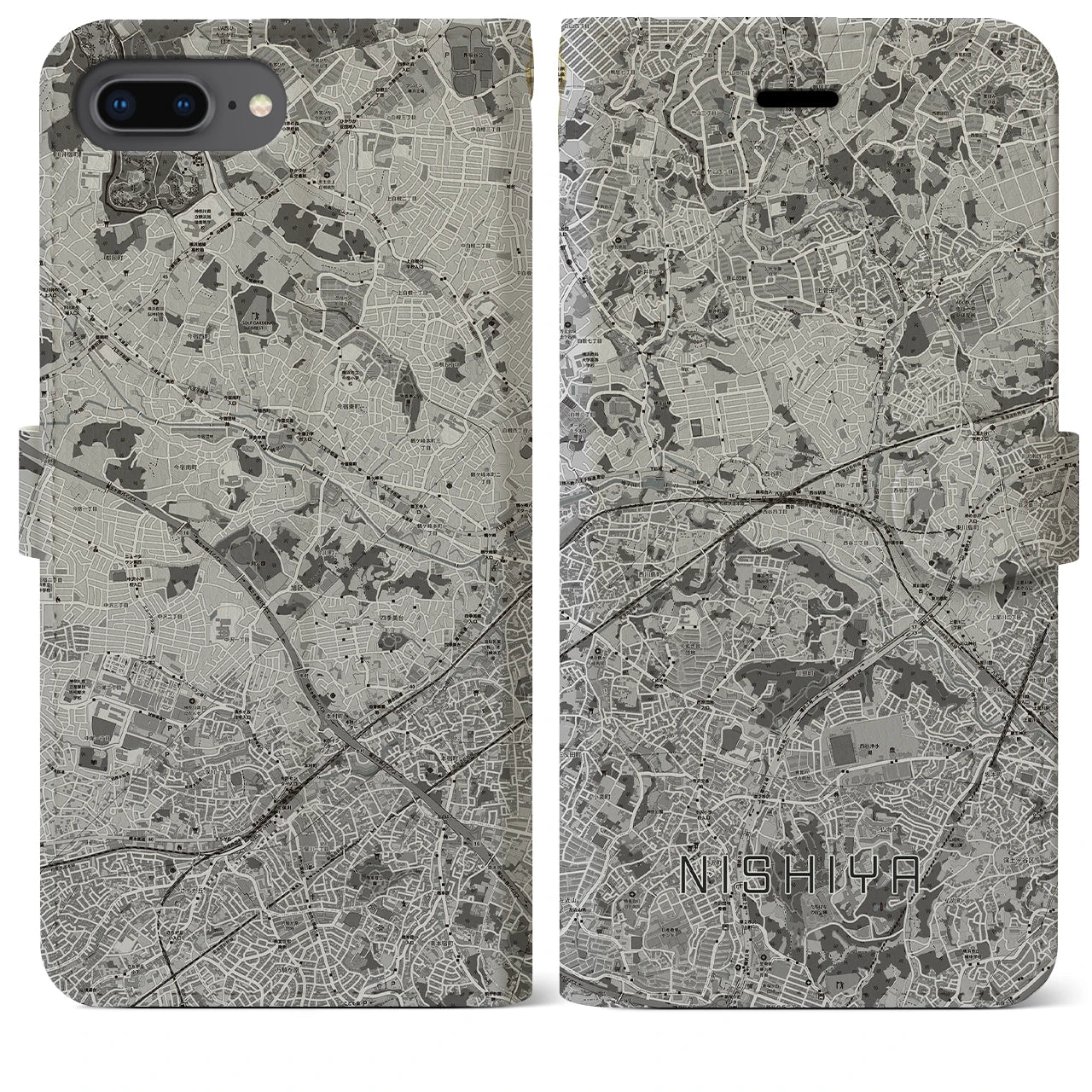 【西谷(神奈川県)】地図柄iPhoneケース(手帳タイプ)モノトーン・iPhone 8Plus /7Plus / 6sPlus / 6Plus 用