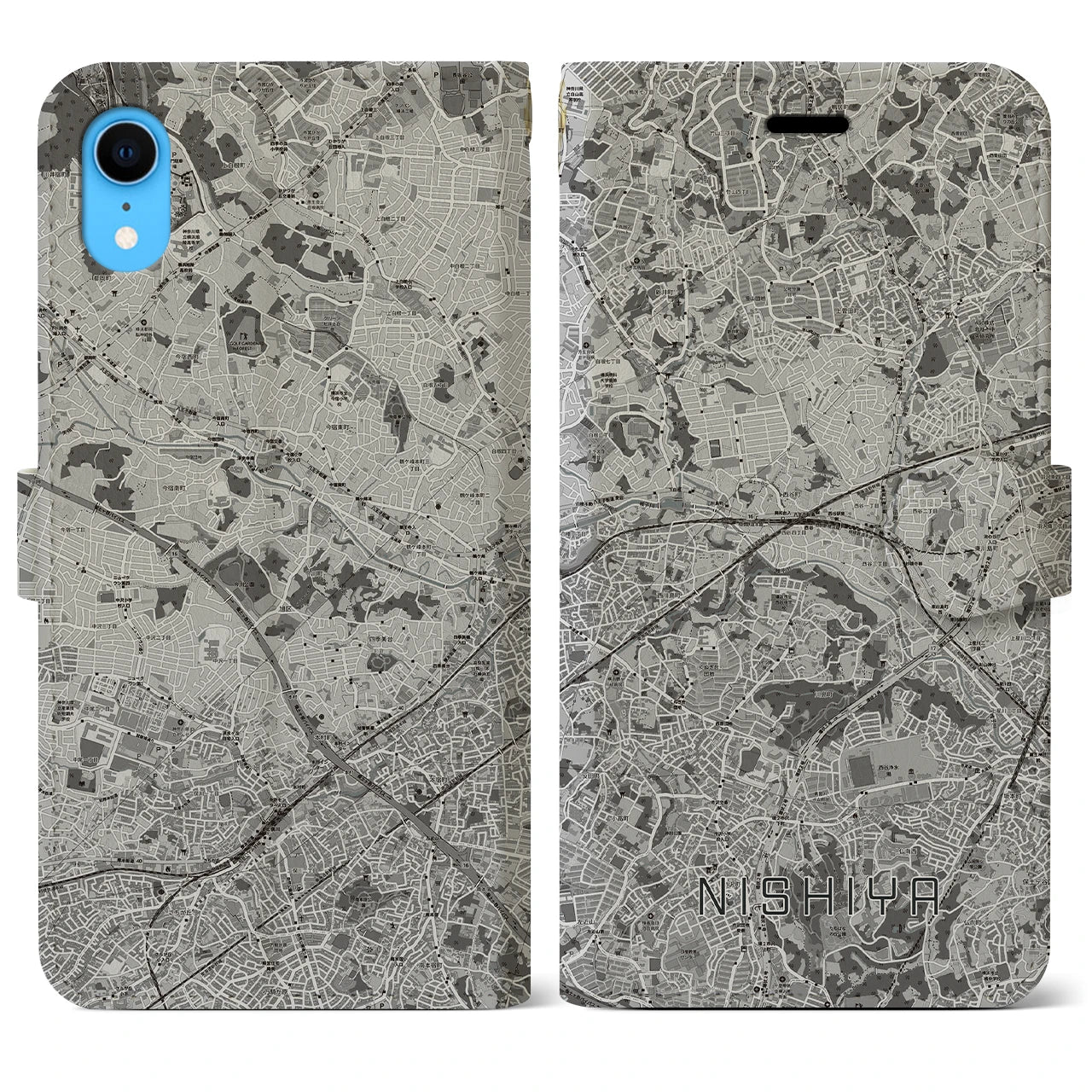 【西谷(神奈川県)】地図柄iPhoneケース(手帳タイプ)モノトーン・iPhone XR 用