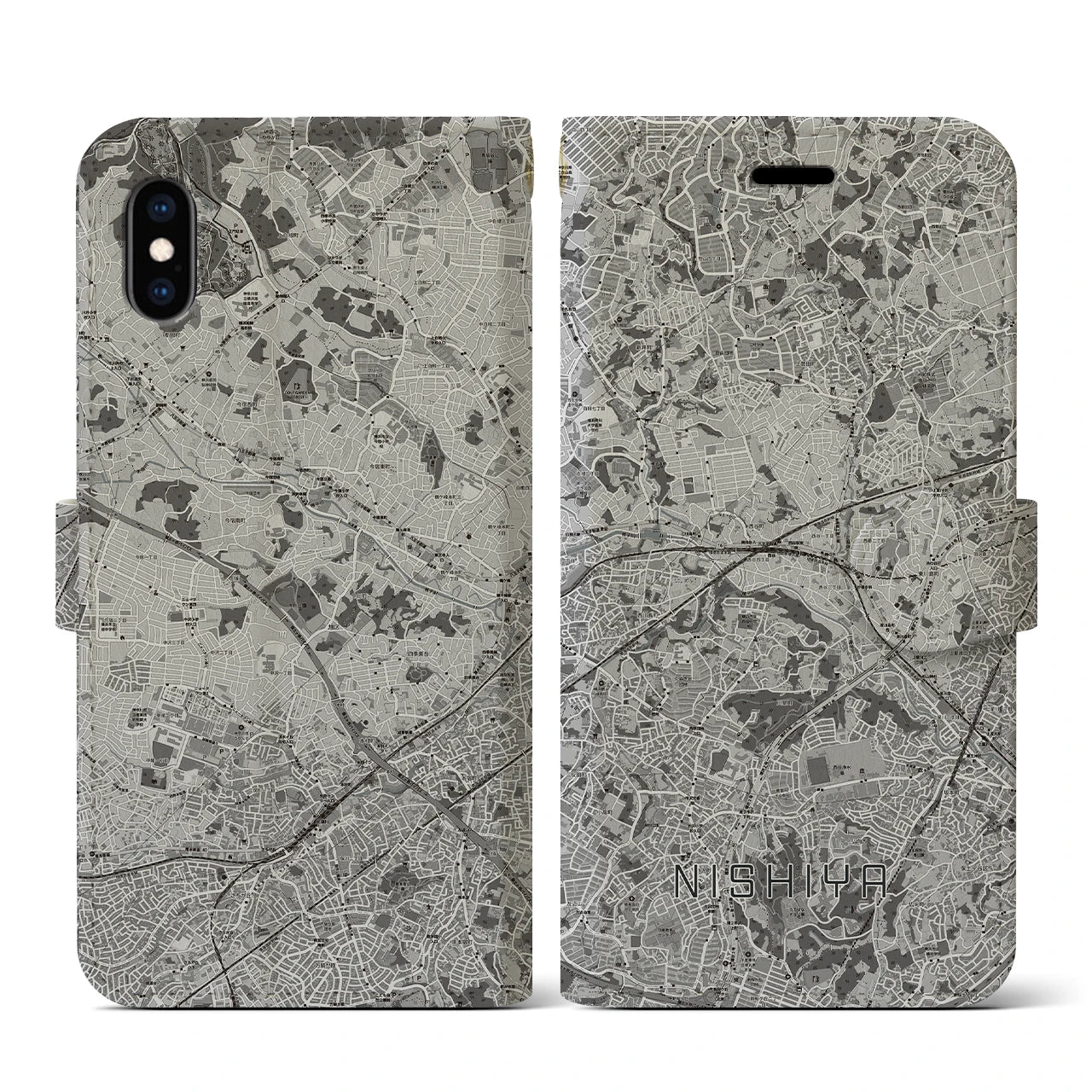 【西谷(神奈川県)】地図柄iPhoneケース(手帳タイプ)モノトーン・iPhone XS / X 用