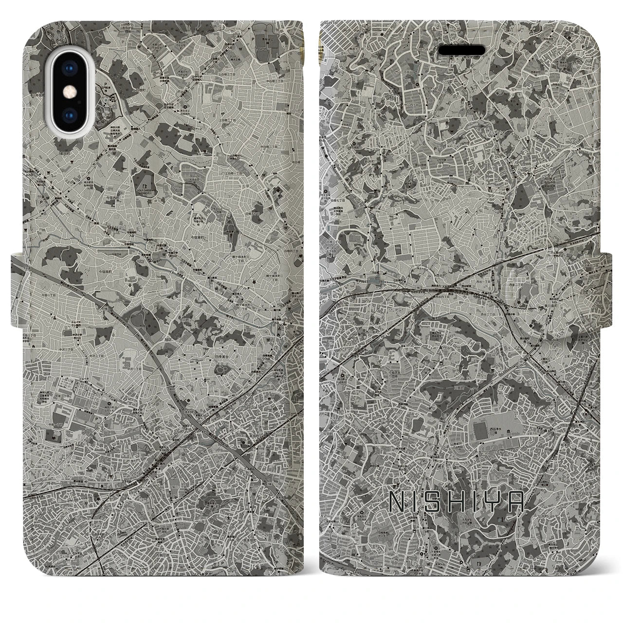 【西谷(神奈川県)】地図柄iPhoneケース(手帳タイプ)モノトーン・iPhone XS Max 用