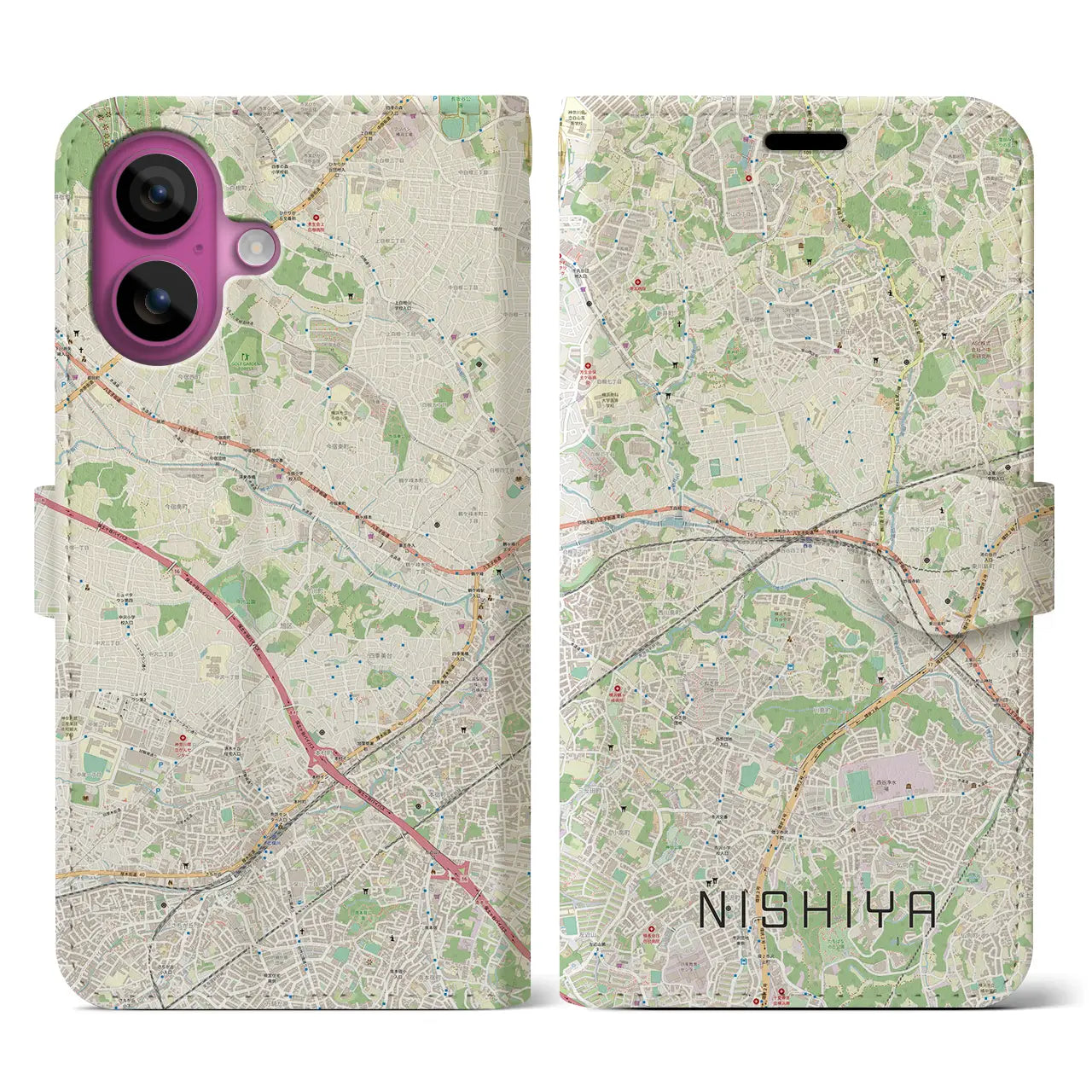 【西谷(神奈川県)】地図柄iPhoneケース(手帳タイプ)ナチュラル・iPhone 16 Pro 用