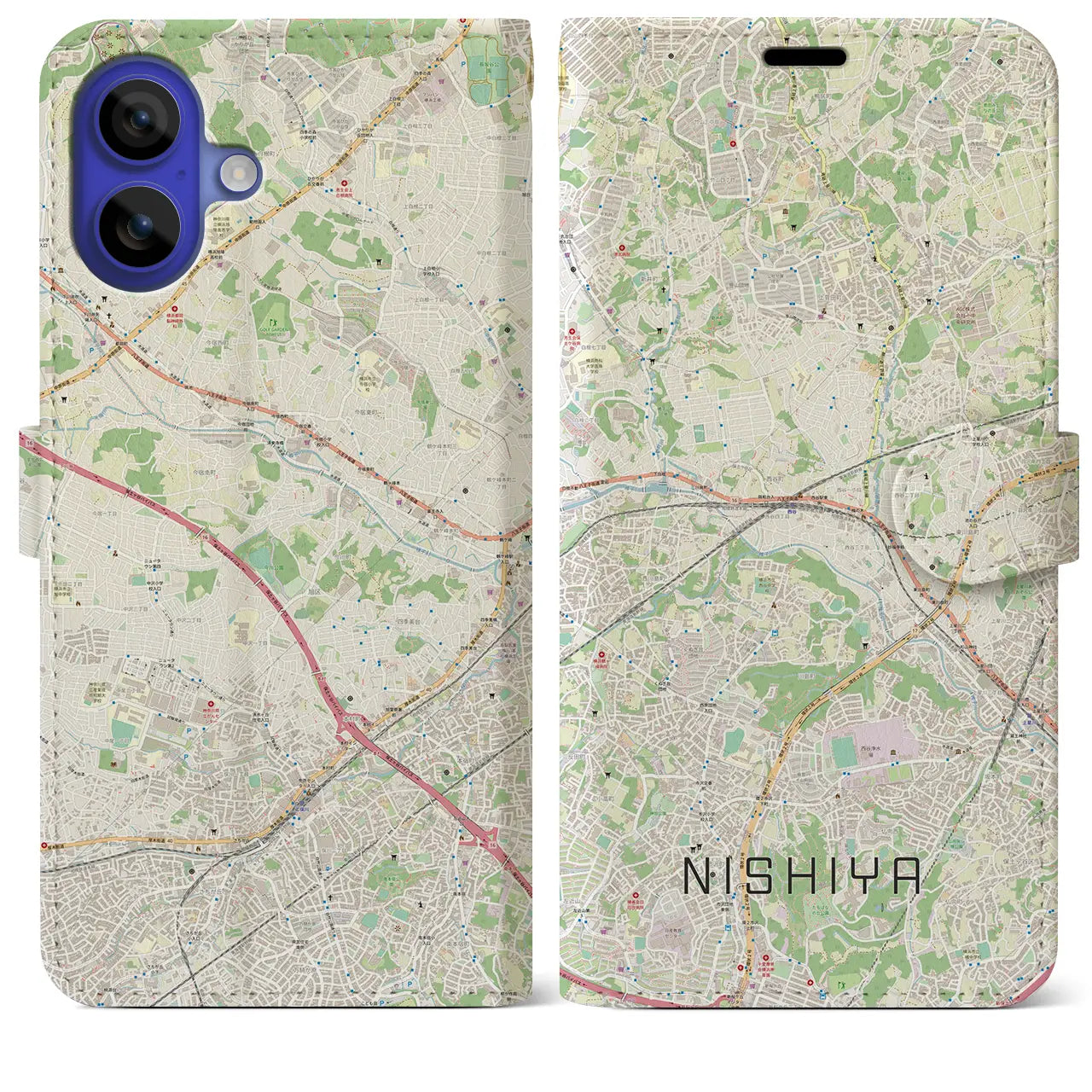 【西谷(神奈川県)】地図柄iPhoneケース(手帳タイプ)ナチュラル・iPhone 16 Pro Max 用