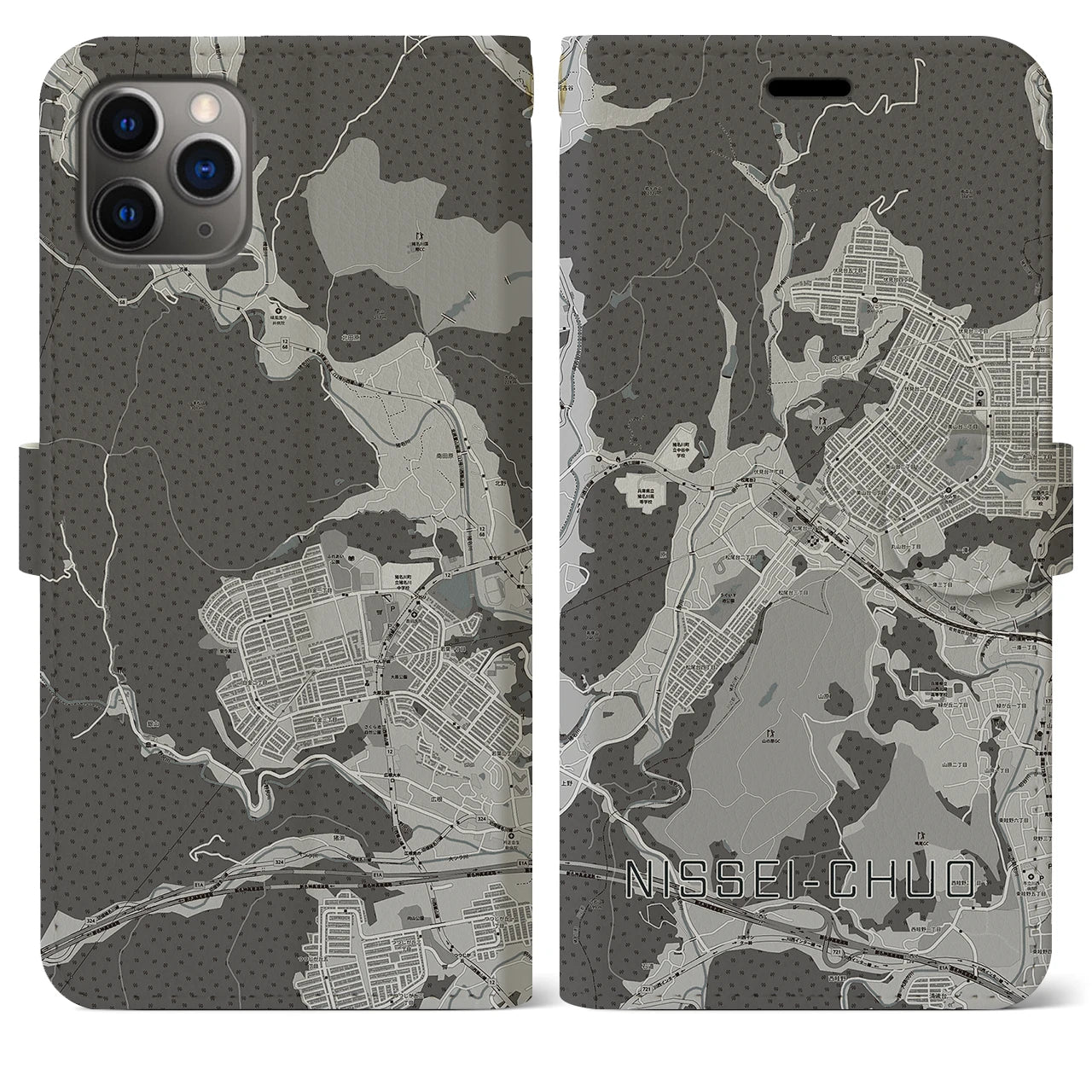 【日生中央(兵庫県)】地図柄iPhoneケース(手帳タイプ)モノトーン・iPhone 11 Pro Max 用
