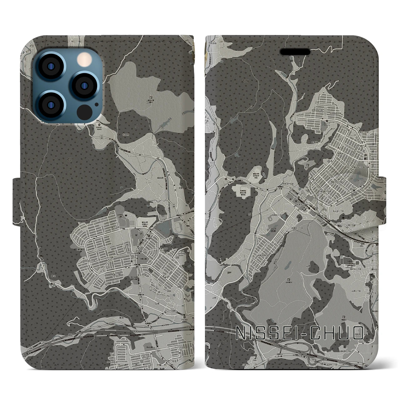 【日生中央(兵庫県)】地図柄iPhoneケース(手帳タイプ)モノトーン・iPhone 12 / 12 Pro 用