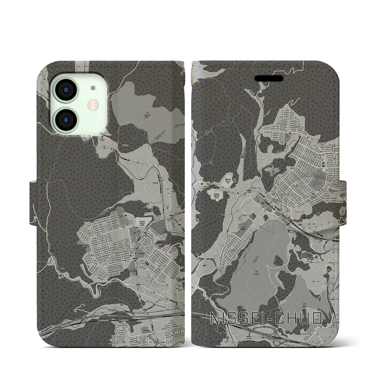 【日生中央(兵庫県)】地図柄iPhoneケース(手帳タイプ)モノトーン・iPhone 12 mini 用