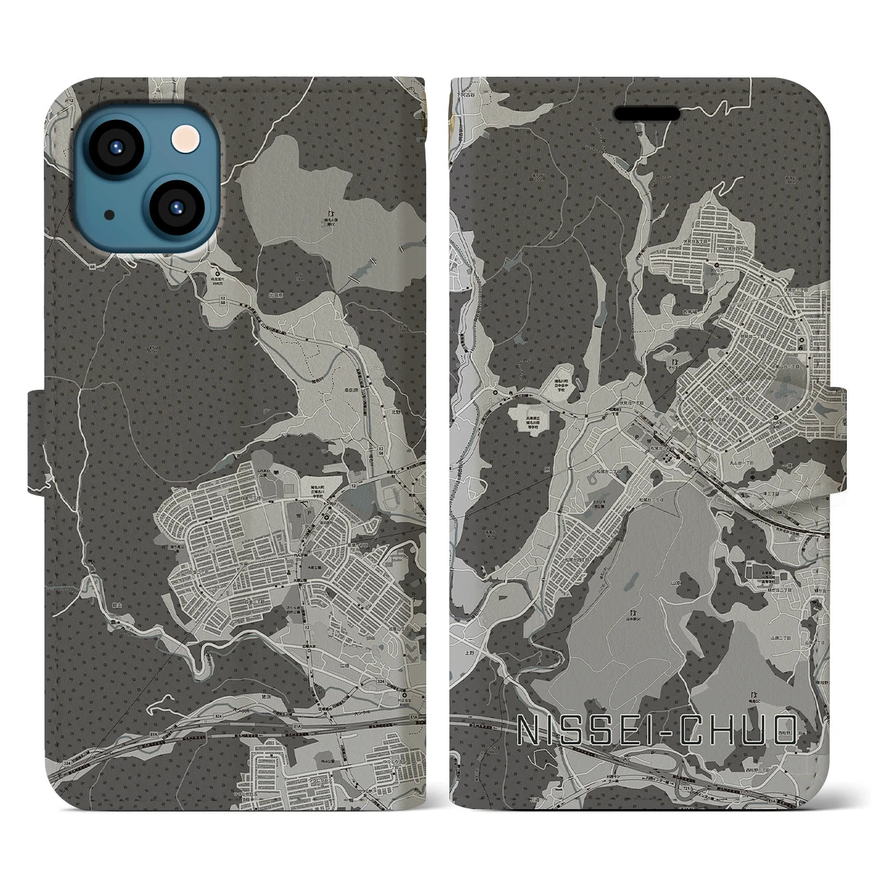 【日生中央(兵庫県)】地図柄iPhoneケース(手帳タイプ)モノトーン・iPhone 13 用