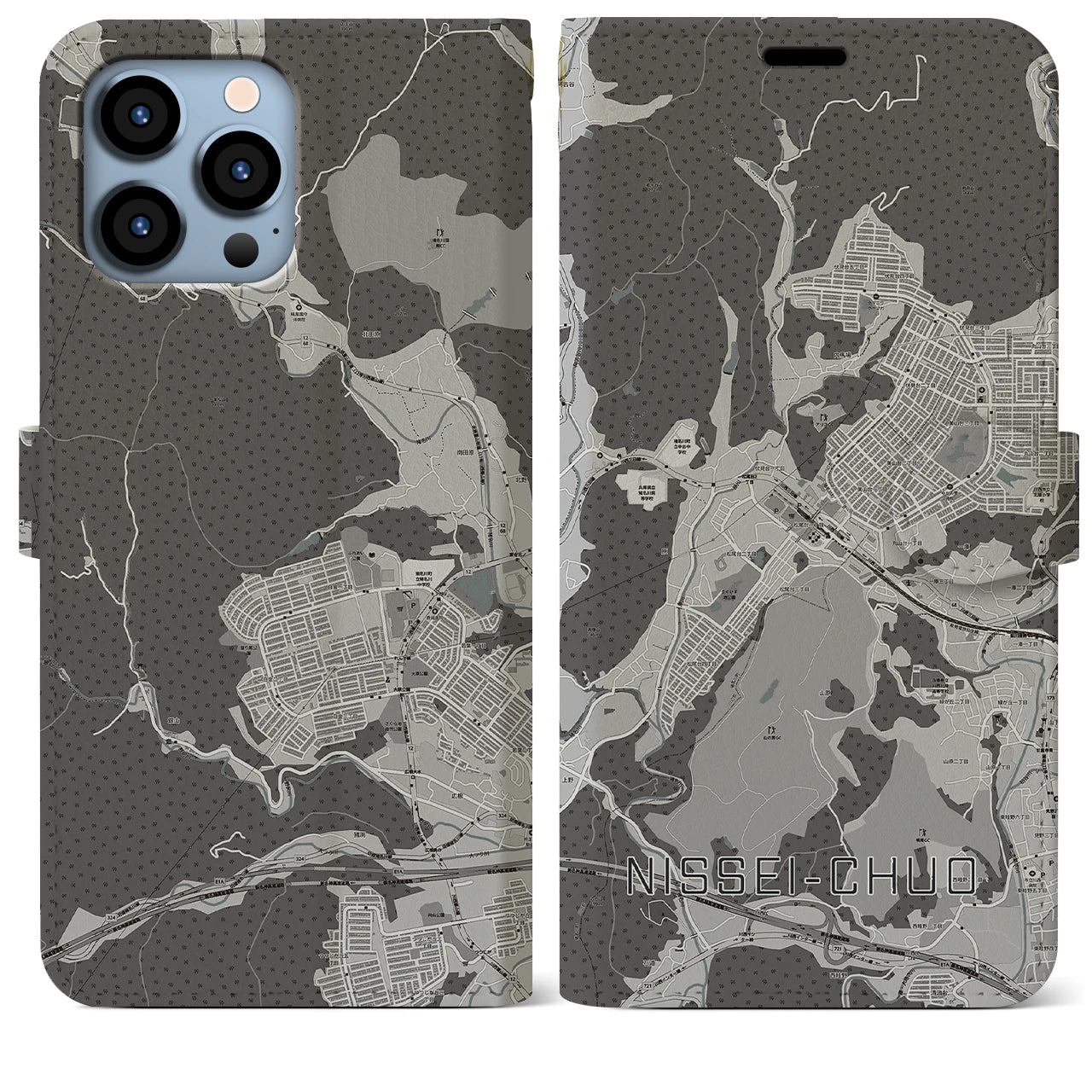 【日生中央(兵庫県)】地図柄iPhoneケース(手帳タイプ)モノトーン・iPhone 13 Pro Max 用