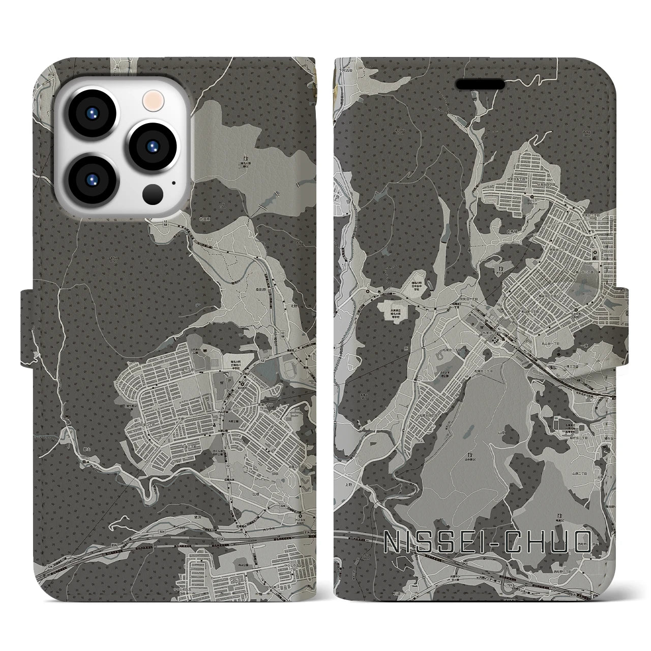 【日生中央(兵庫県)】地図柄iPhoneケース(手帳タイプ)モノトーン・iPhone 13 Pro 用