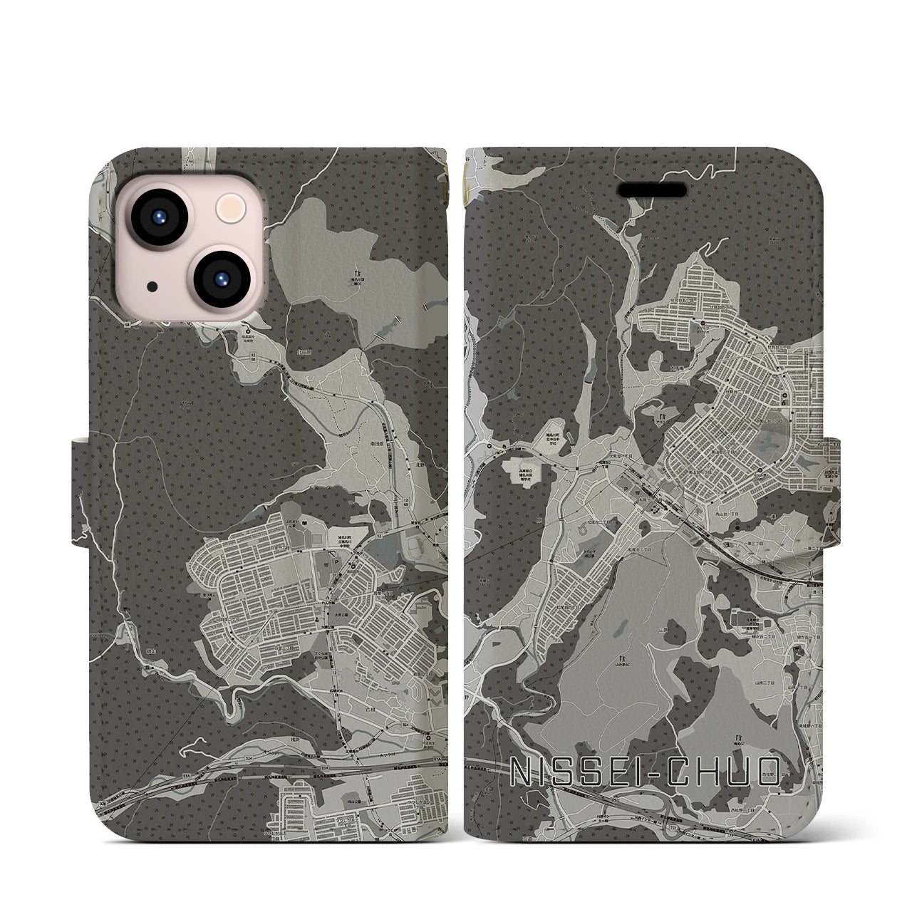 【日生中央(兵庫県)】地図柄iPhoneケース(手帳タイプ)モノトーン・iPhone 13 mini 用