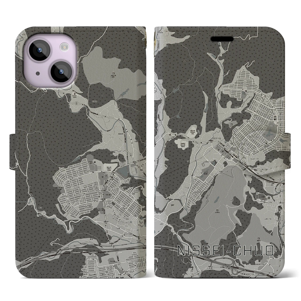 【日生中央(兵庫県)】地図柄iPhoneケース(手帳タイプ)モノトーン・iPhone 14 用