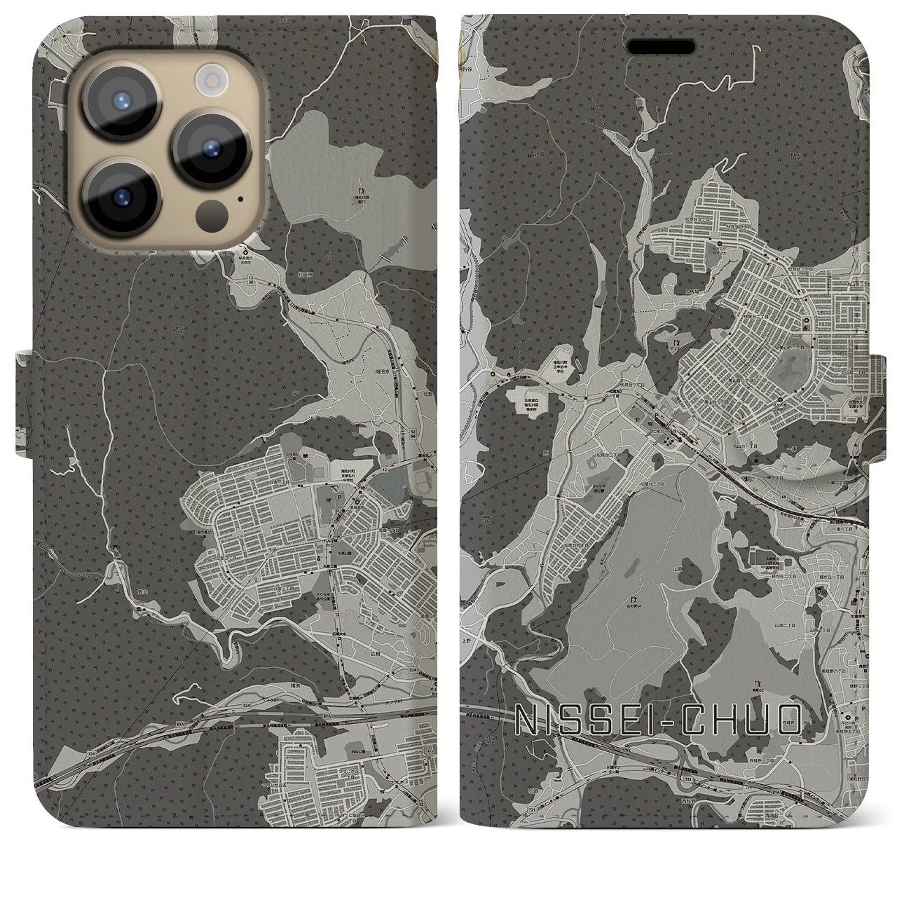 【日生中央(兵庫県)】地図柄iPhoneケース(手帳タイプ)モノトーン・iPhone 14 Pro Max 用