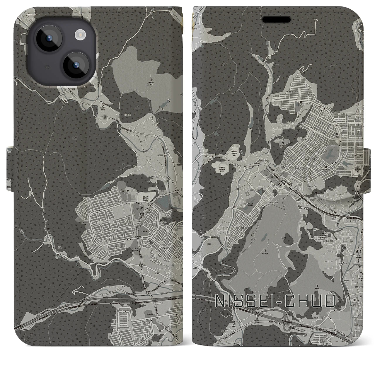 【日生中央(兵庫県)】地図柄iPhoneケース(手帳タイプ)モノトーン・iPhone 14 Plus 用