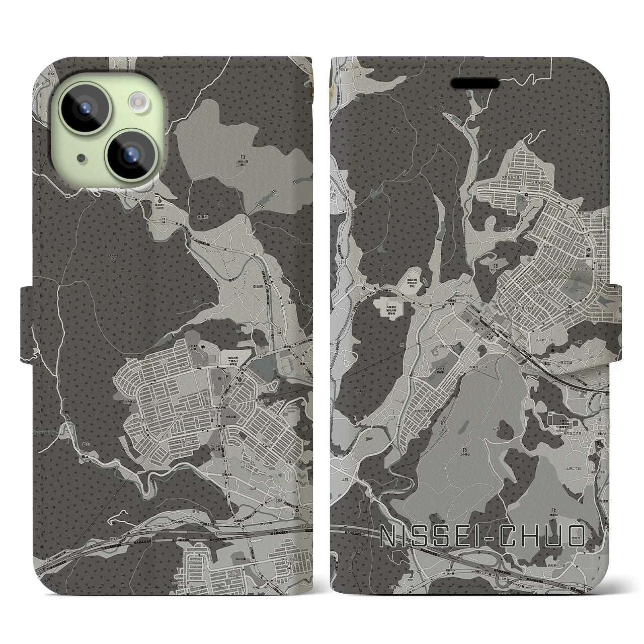 【日生中央(兵庫県)】地図柄iPhoneケース(手帳タイプ)モノトーン・iPhone 15 用