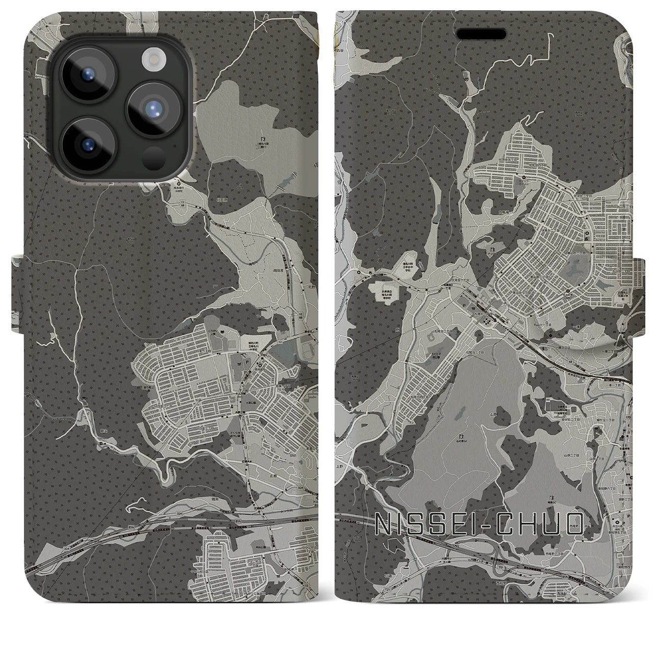 【日生中央(兵庫県)】地図柄iPhoneケース(手帳タイプ)モノトーン・iPhone 15 Pro Max 用