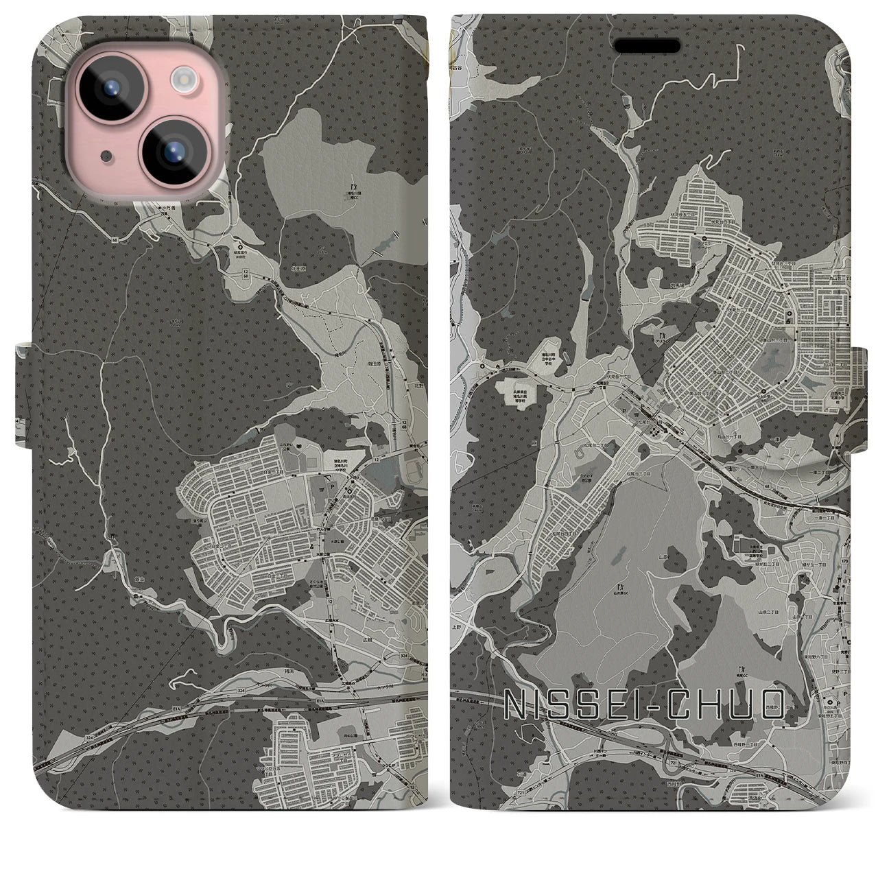 【日生中央(兵庫県)】地図柄iPhoneケース(手帳タイプ)モノトーン・iPhone 15 Plus 用