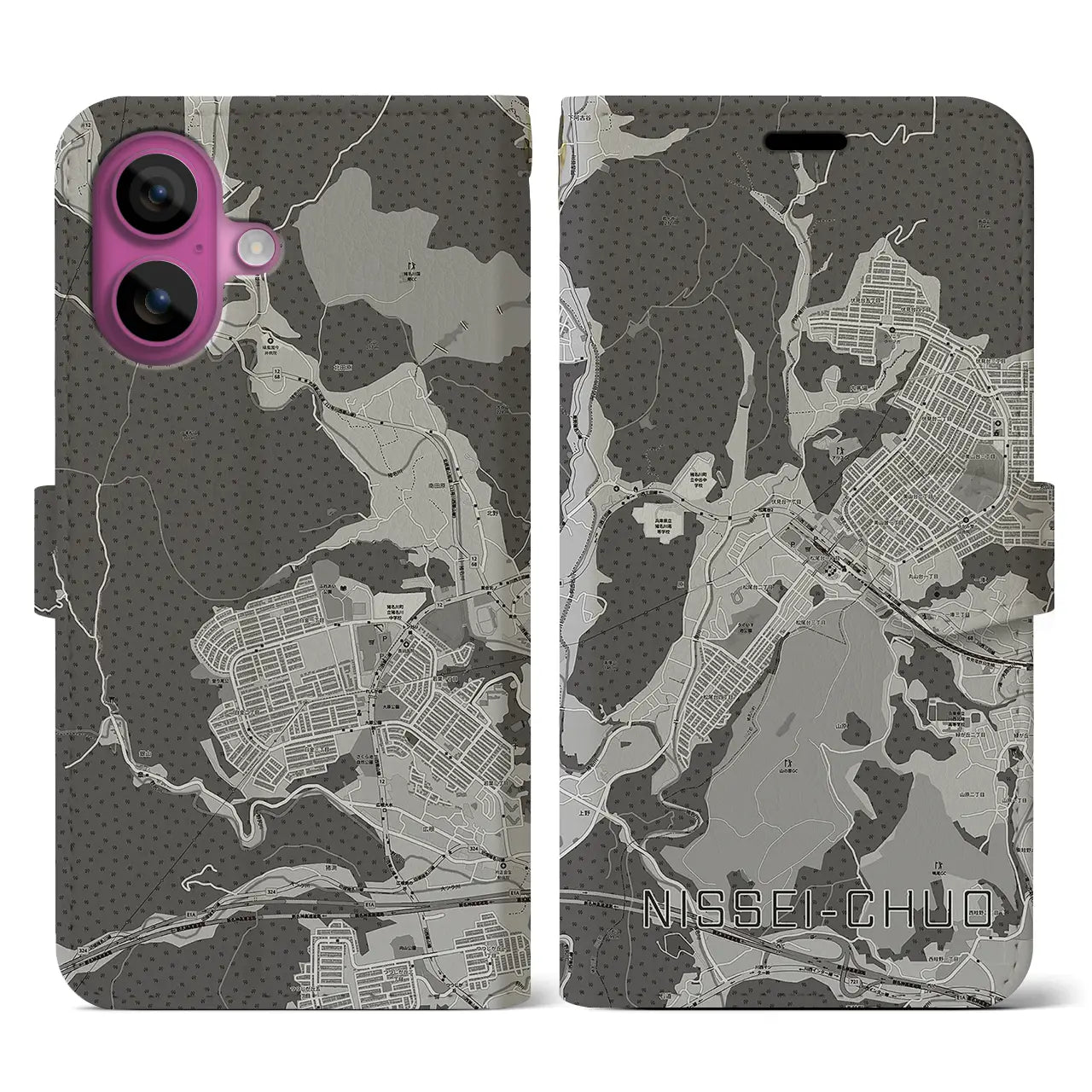 【日生中央(兵庫県)】地図柄iPhoneケース(手帳タイプ)モノトーン・iPhone 16 Pro 用