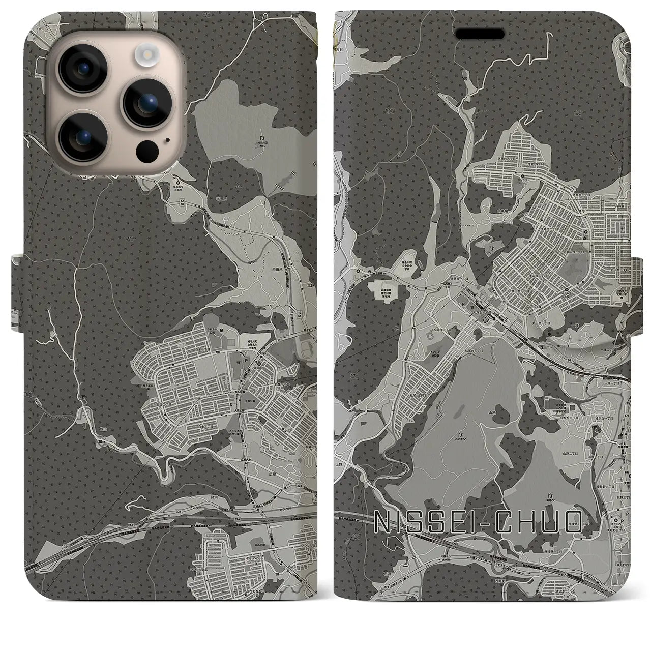 【日生中央(兵庫県)】地図柄iPhoneケース(手帳タイプ)モノトーン・iPhone 16 Plus 用