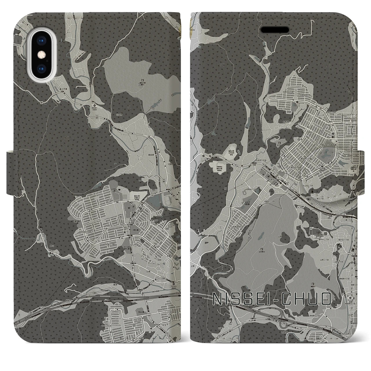 【日生中央(兵庫県)】地図柄iPhoneケース(手帳タイプ)モノトーン・iPhone XS Max 用