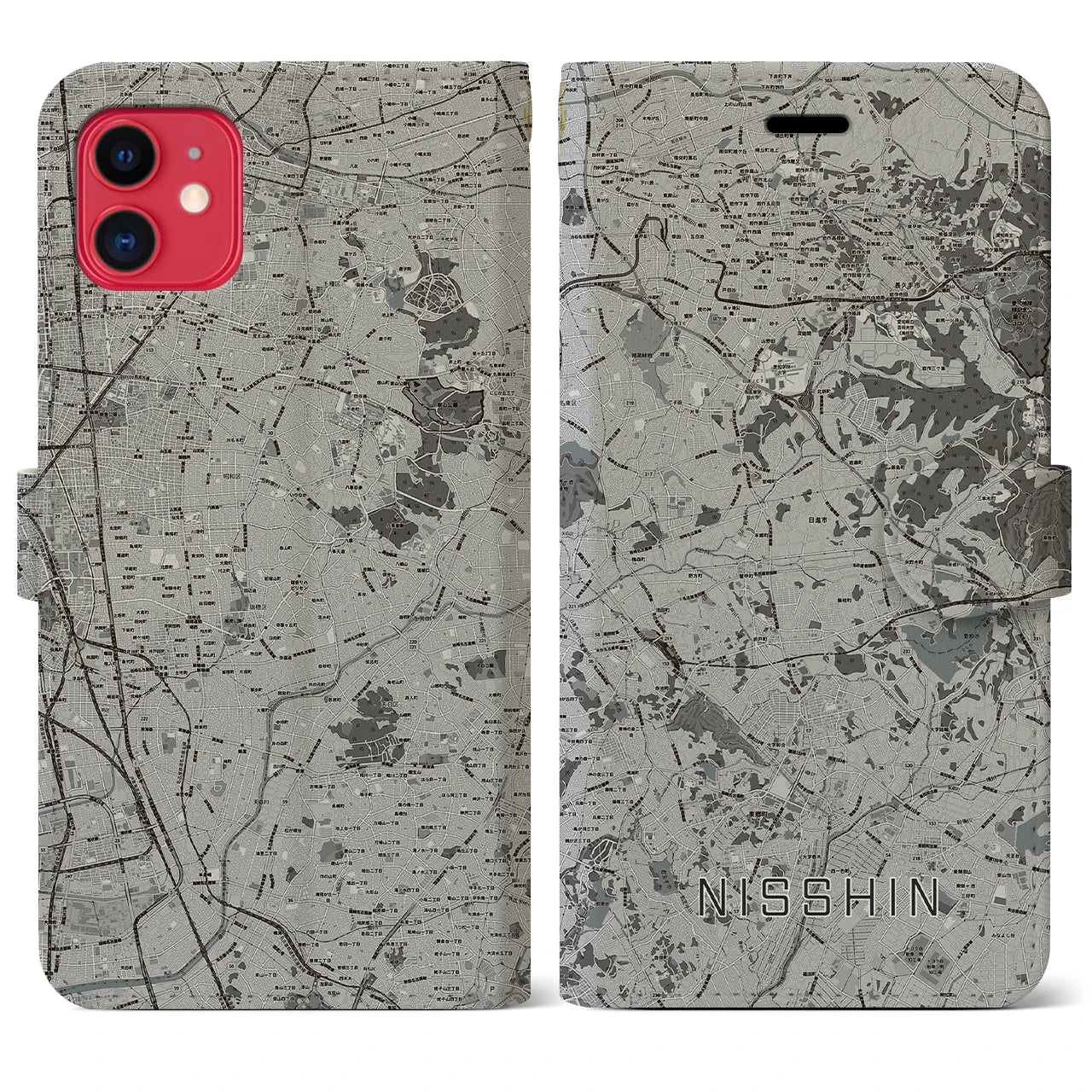 【日進(愛知県)】地図柄iPhoneケース(手帳タイプ)モノトーン・iPhone 11 用