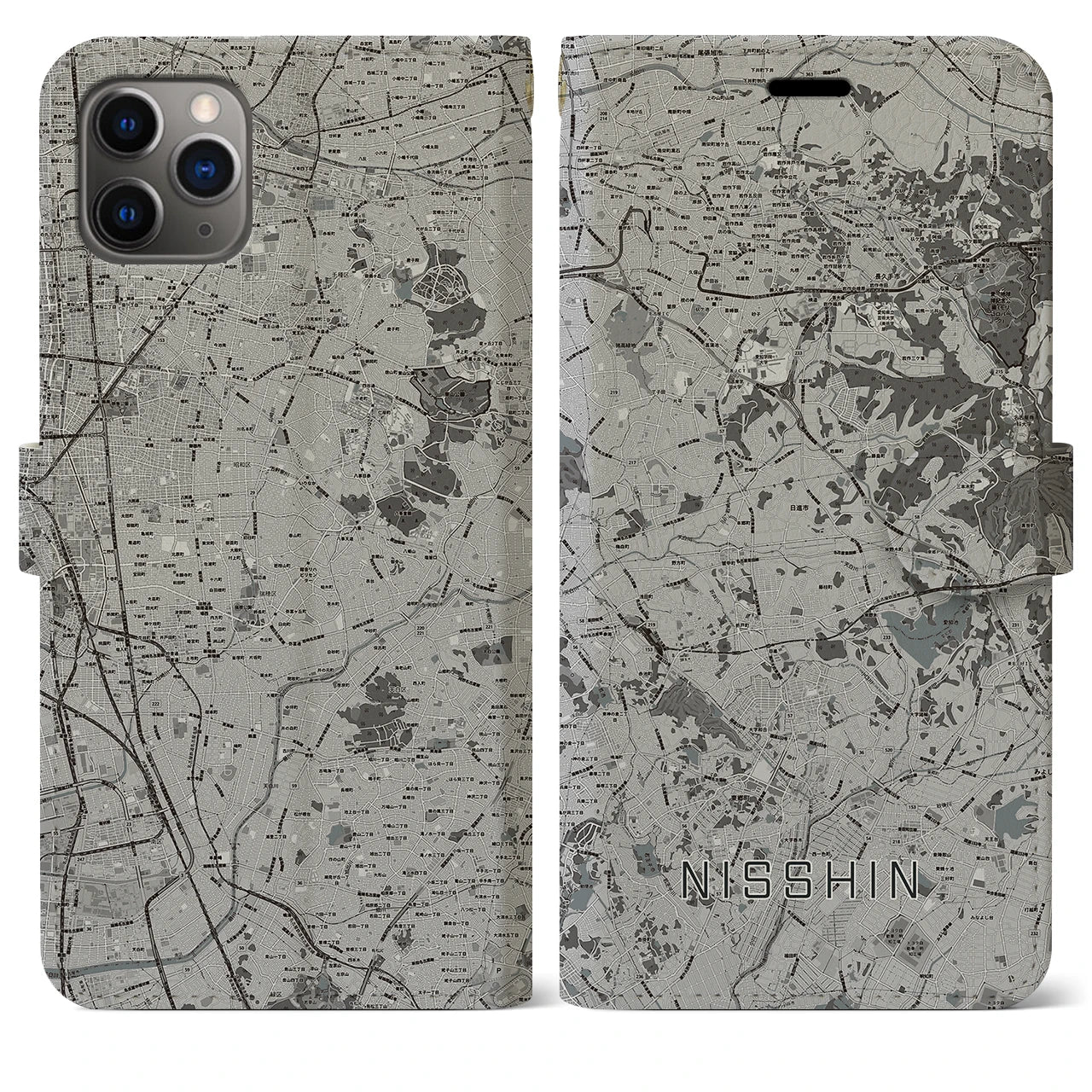【日進(愛知県)】地図柄iPhoneケース(手帳タイプ)モノトーン・iPhone 11 Pro Max 用