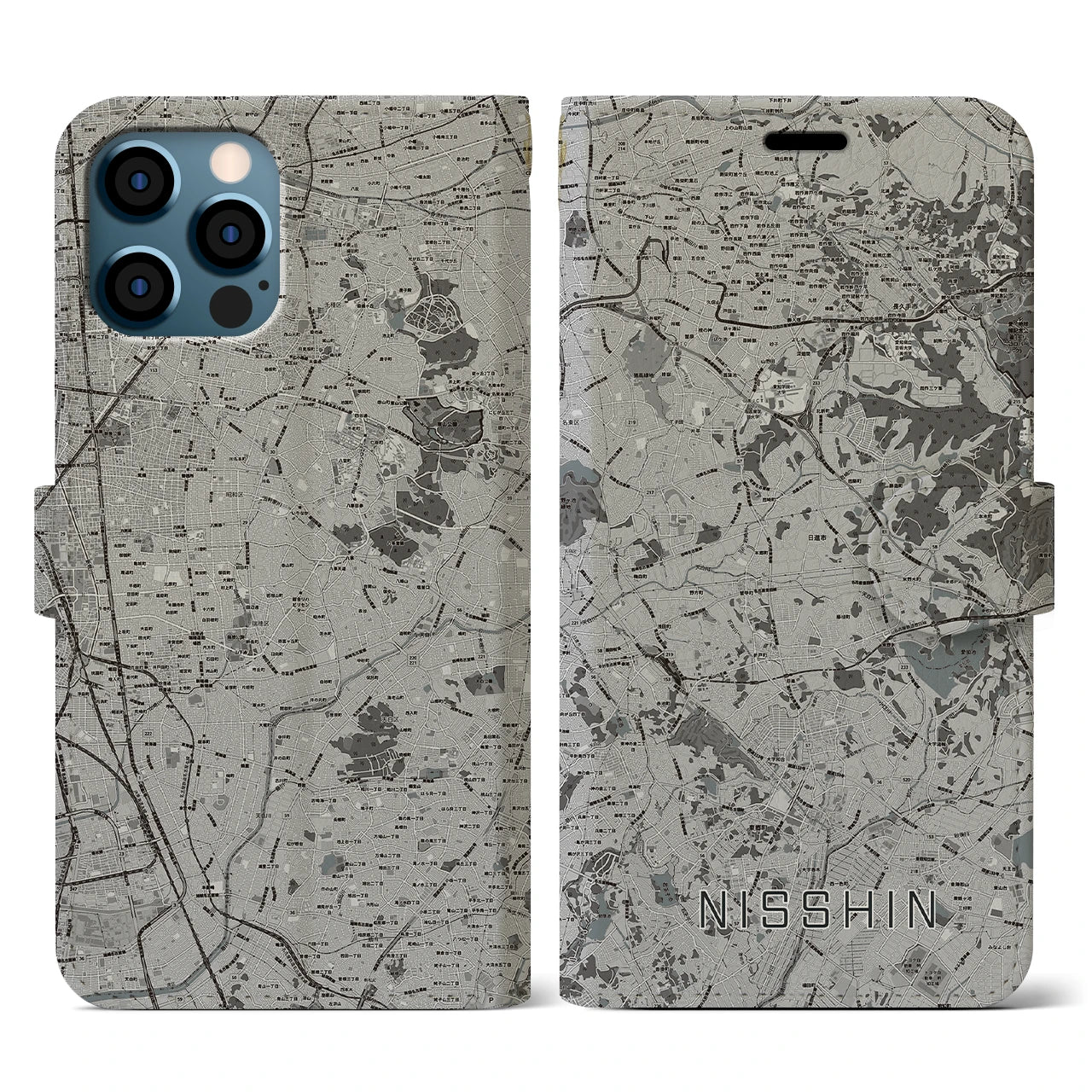 【日進(愛知県)】地図柄iPhoneケース(手帳タイプ)モノトーン・iPhone 12 / 12 Pro 用