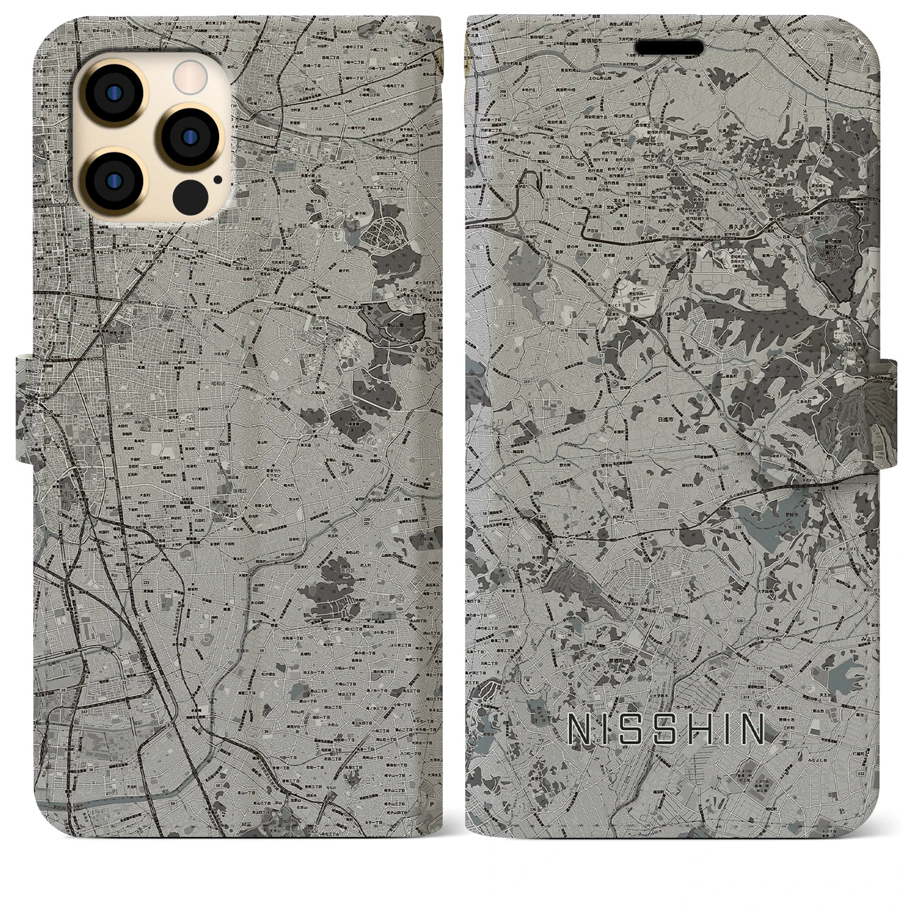 【日進(愛知県)】地図柄iPhoneケース(手帳タイプ)モノトーン・iPhone 12 Pro Max 用