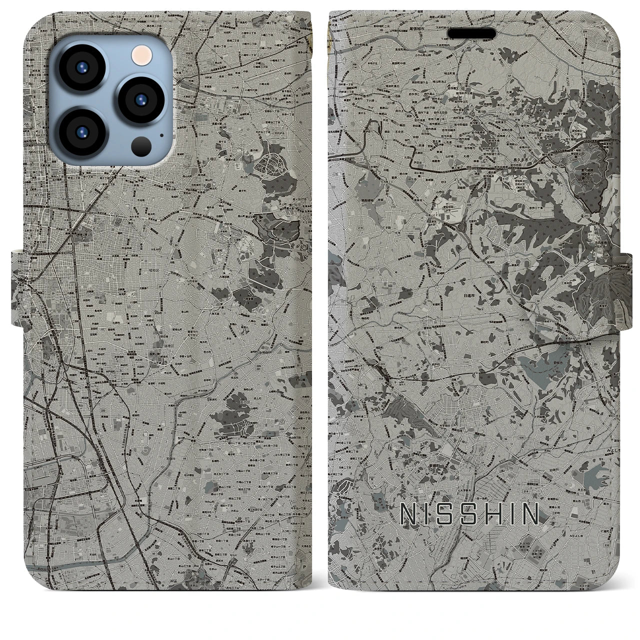 【日進(愛知県)】地図柄iPhoneケース(手帳タイプ)モノトーン・iPhone 13 Pro Max 用