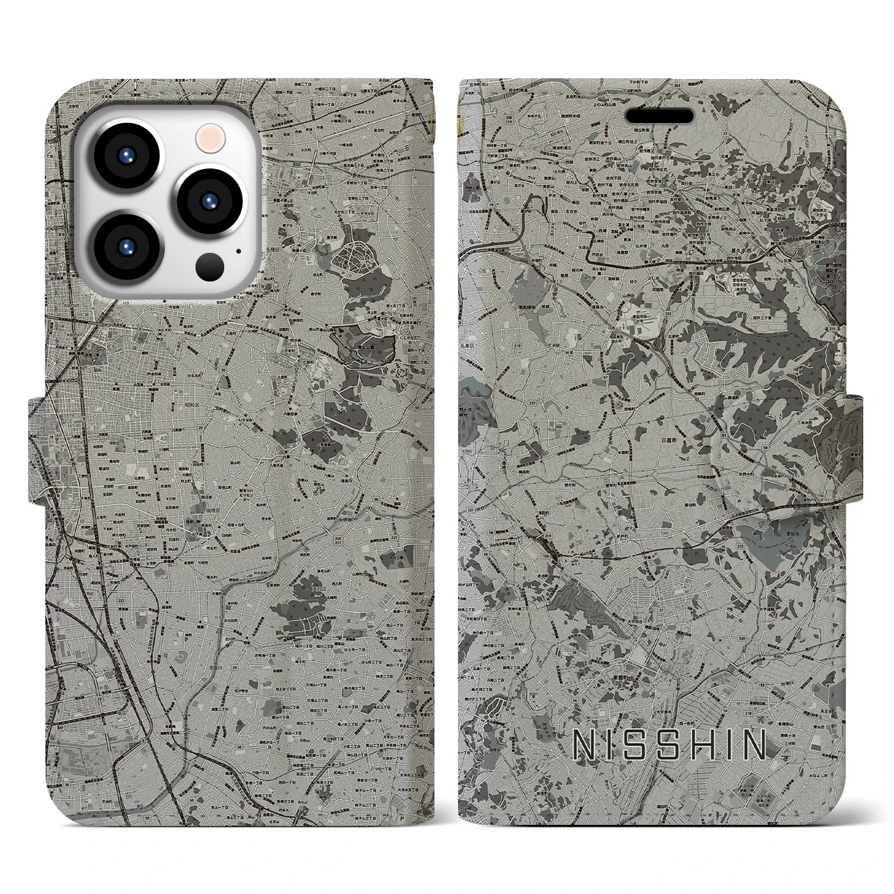 【日進(愛知県)】地図柄iPhoneケース(手帳タイプ)モノトーン・iPhone 13 Pro 用