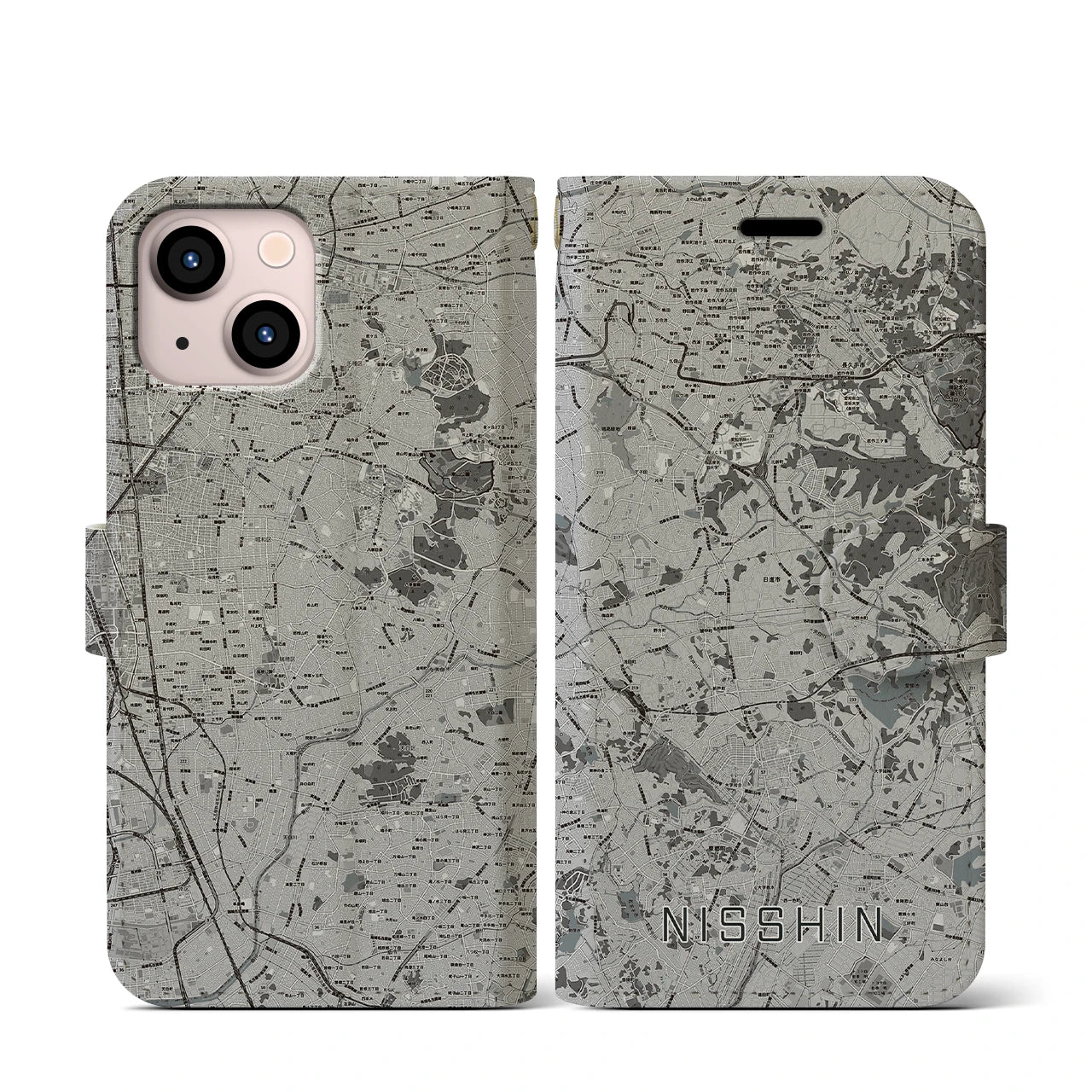 【日進(愛知県)】地図柄iPhoneケース(手帳タイプ)モノトーン・iPhone 13 mini 用