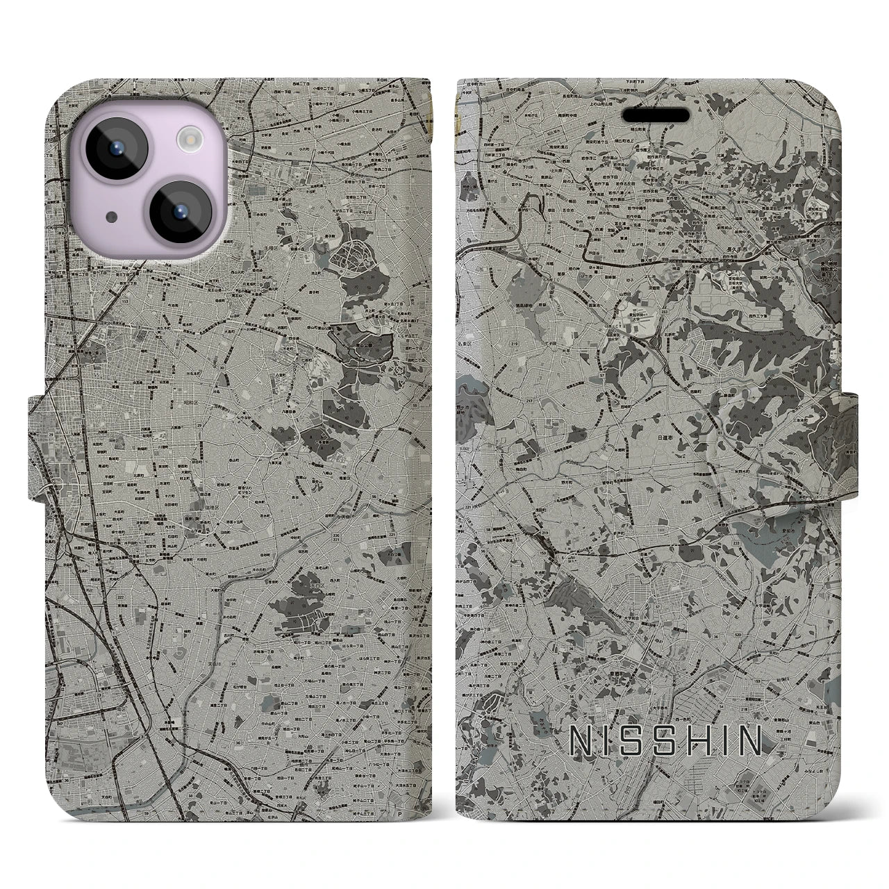 【日進(愛知県)】地図柄iPhoneケース(手帳タイプ)モノトーン・iPhone 14 用