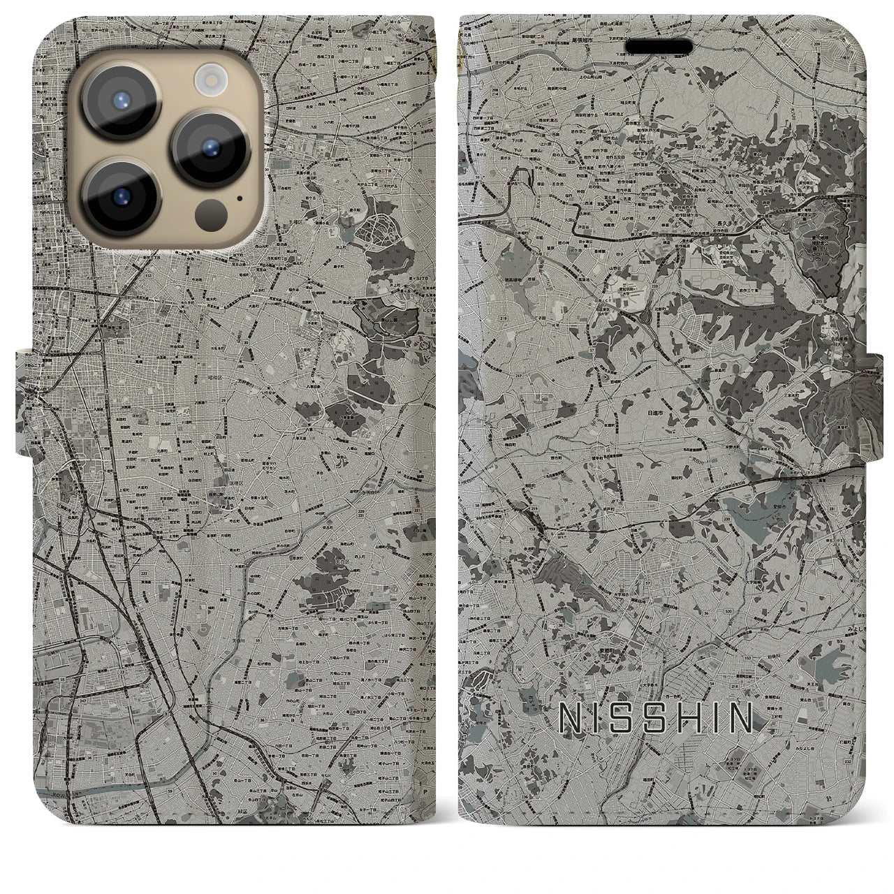 【日進(愛知県)】地図柄iPhoneケース(手帳タイプ)モノトーン・iPhone 14 Pro Max 用