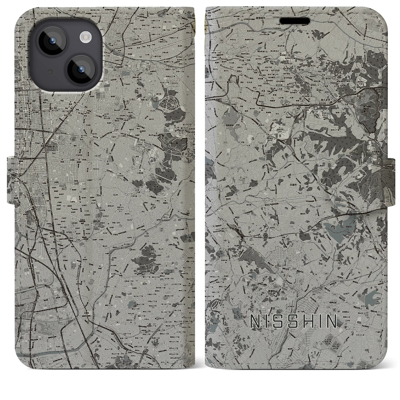 【日進(愛知県)】地図柄iPhoneケース(手帳タイプ)モノトーン・iPhone 14 Plus 用