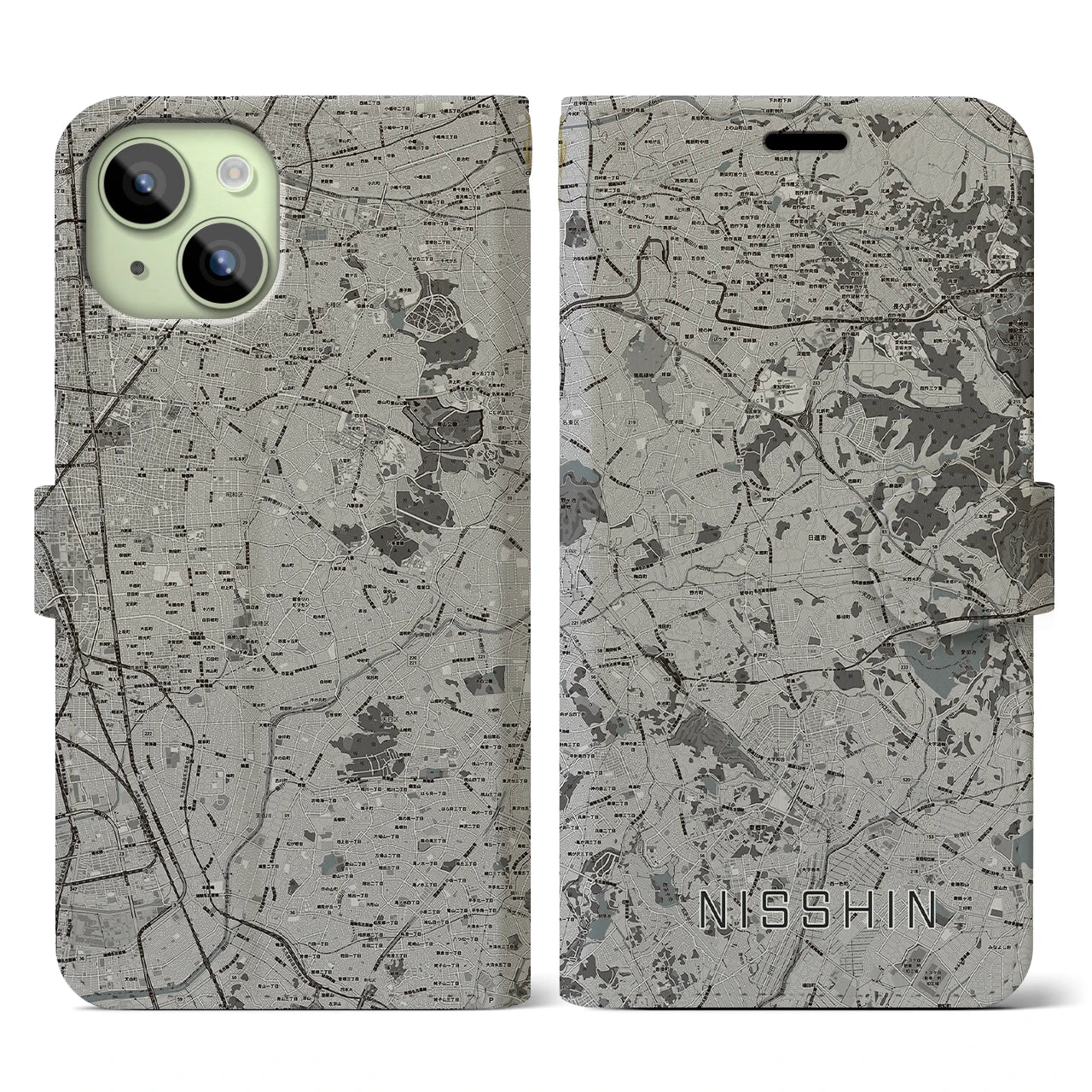 【日進(愛知県)】地図柄iPhoneケース(手帳タイプ)モノトーン・iPhone 15 用