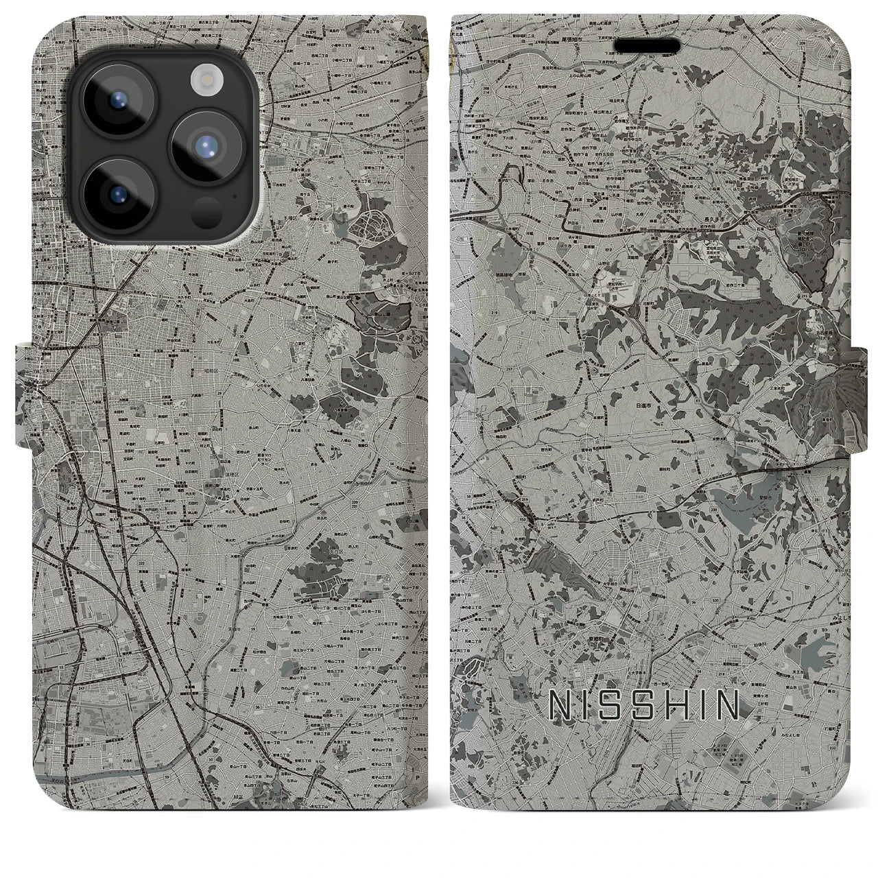 【日進(愛知県)】地図柄iPhoneケース(手帳タイプ)モノトーン・iPhone 15 Pro Max 用