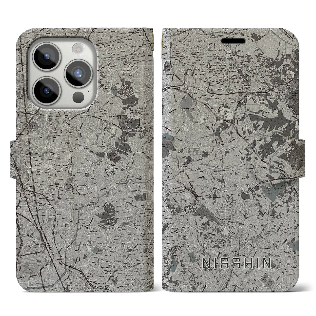 【日進(愛知県)】地図柄iPhoneケース(手帳タイプ)モノトーン・iPhone 15 Pro 用