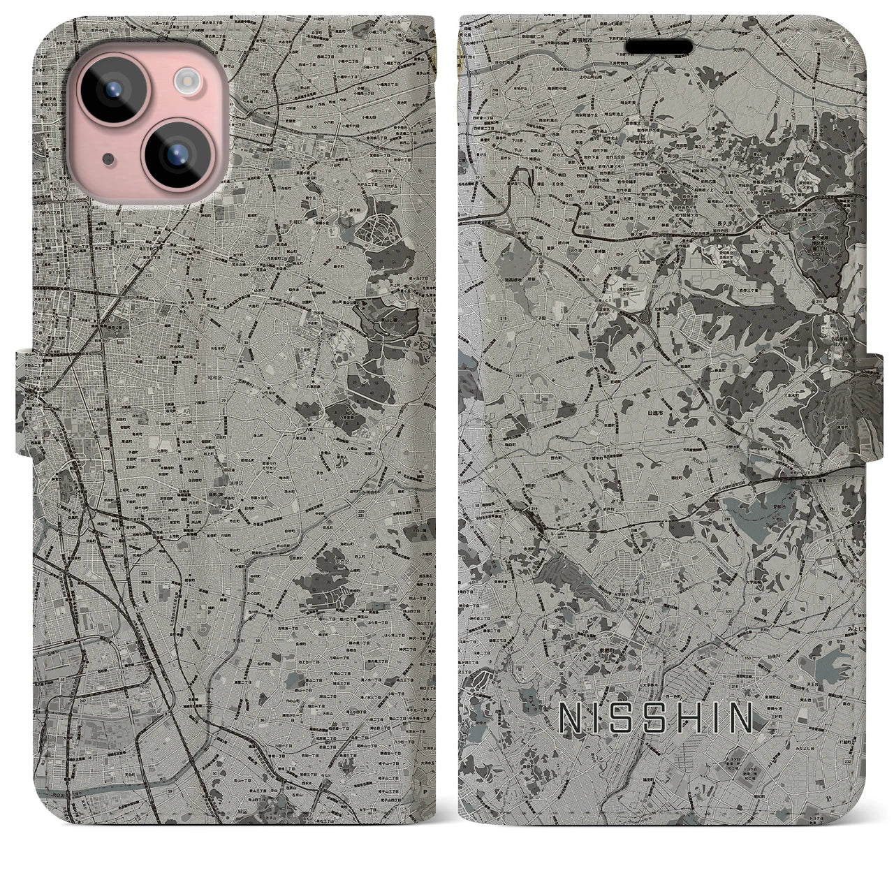 【日進(愛知県)】地図柄iPhoneケース(手帳タイプ)モノトーン・iPhone 15 Plus 用