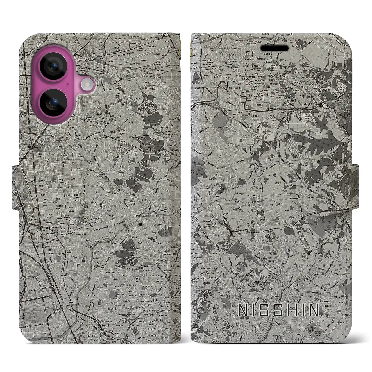 【日進(愛知県)】地図柄iPhoneケース(手帳タイプ)モノトーン・iPhone 16 Pro 用