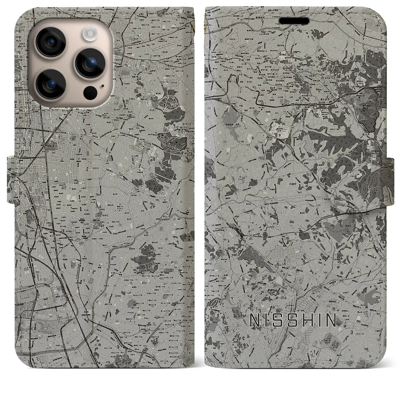 【日進(愛知県)】地図柄iPhoneケース(手帳タイプ)モノトーン・iPhone 16 Plus 用