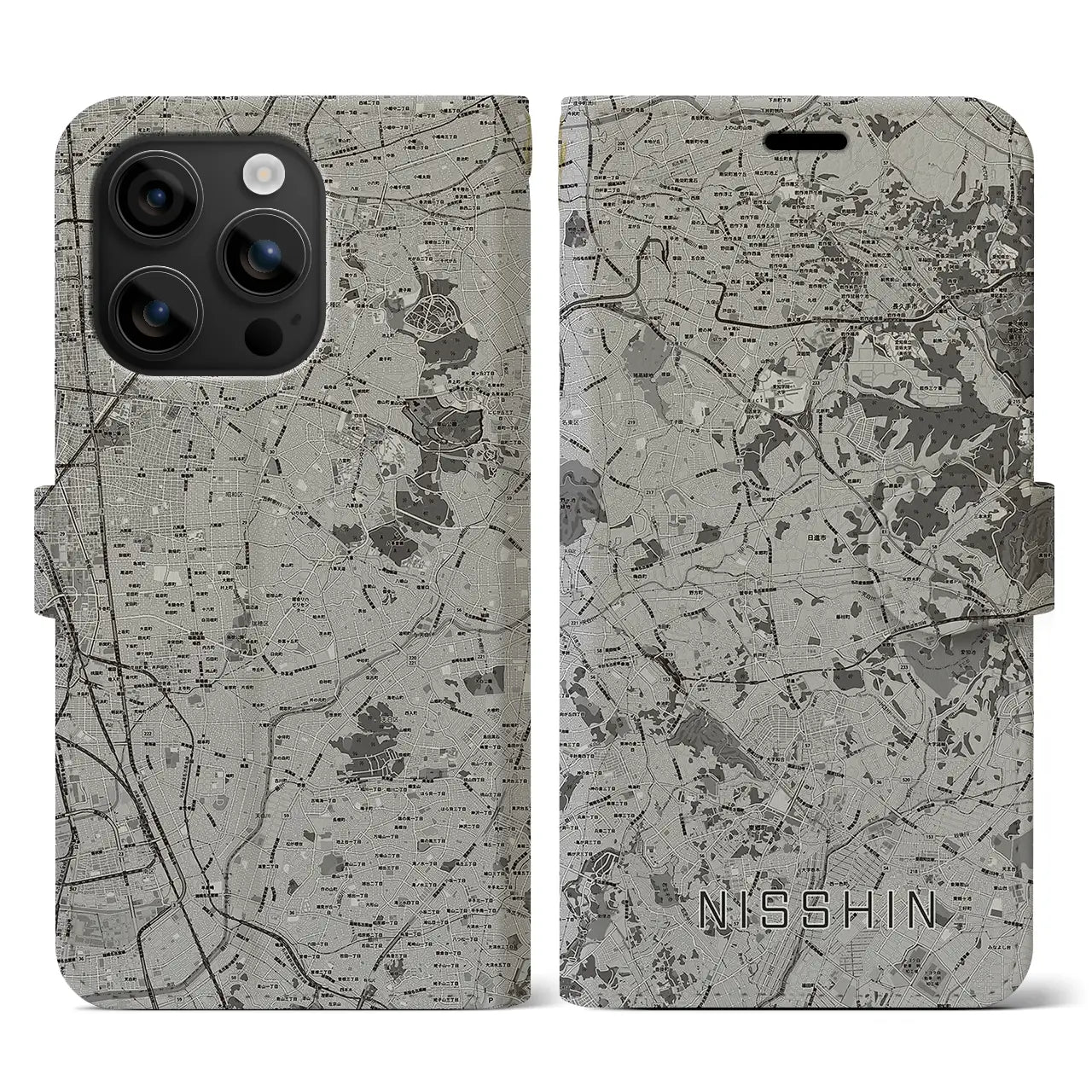 【日進(愛知県)】地図柄iPhoneケース(手帳タイプ)モノトーン・iPhone 16 用