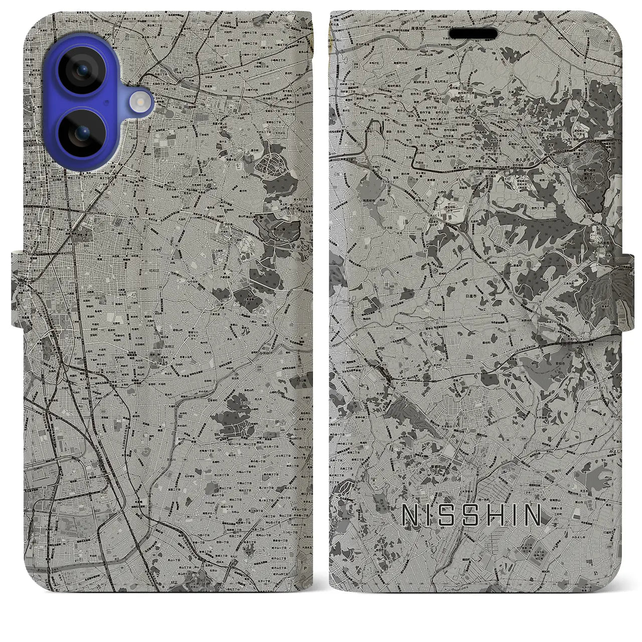 【日進(愛知県)】地図柄iPhoneケース(手帳タイプ)モノトーン・iPhone 16 Pro Max 用