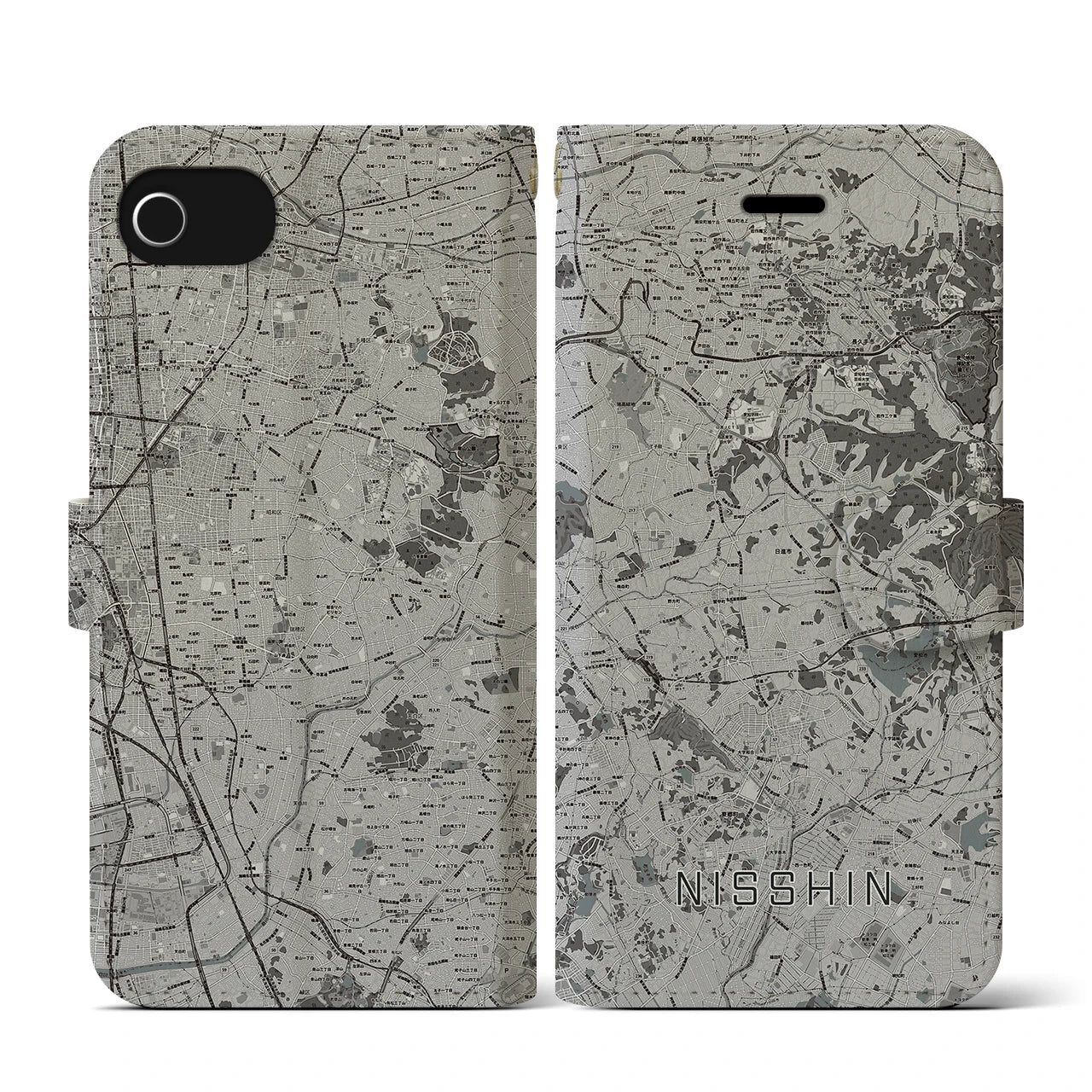 【日進(愛知県)】地図柄iPhoneケース(手帳タイプ)モノトーン・iPhone SE(第3 / 第2世代) / 8 / 7 / 6s / 6 用