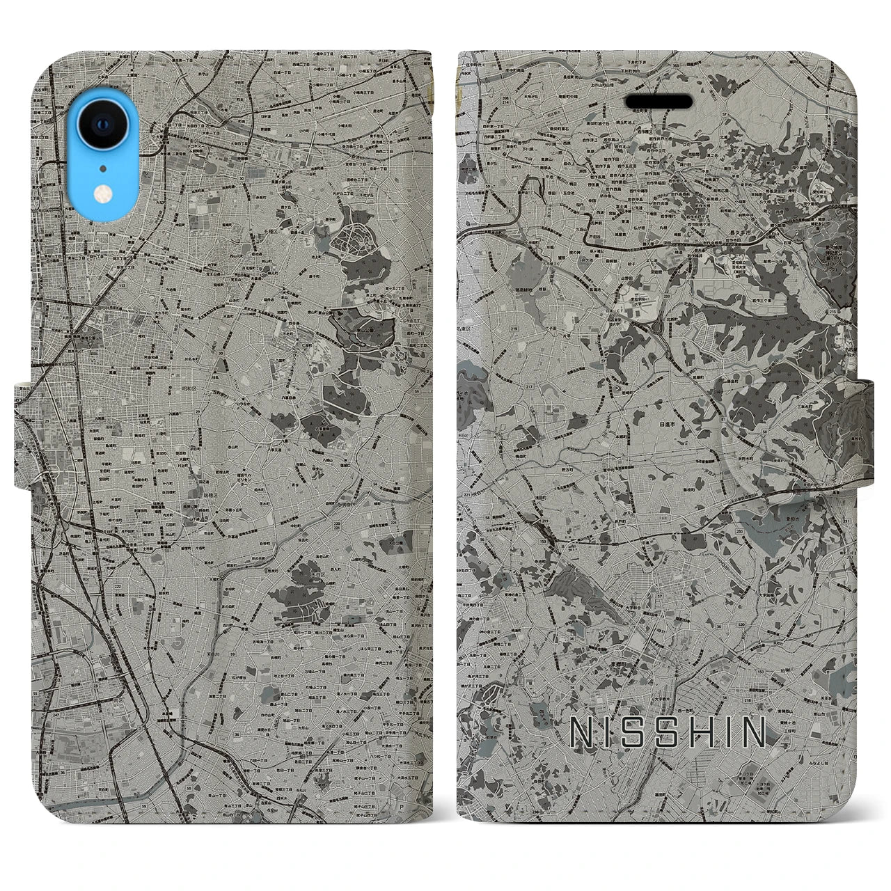 【日進(愛知県)】地図柄iPhoneケース(手帳タイプ)モノトーン・iPhone XR 用