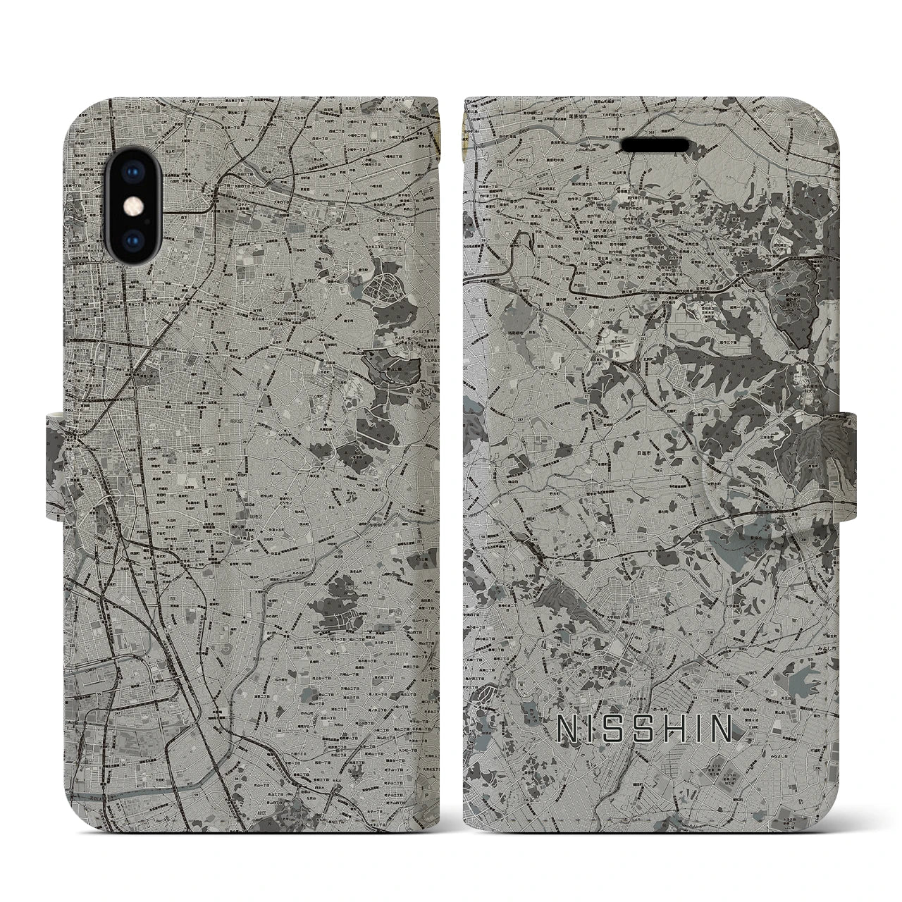 【日進(愛知県)】地図柄iPhoneケース(手帳タイプ)モノトーン・iPhone XS / X 用