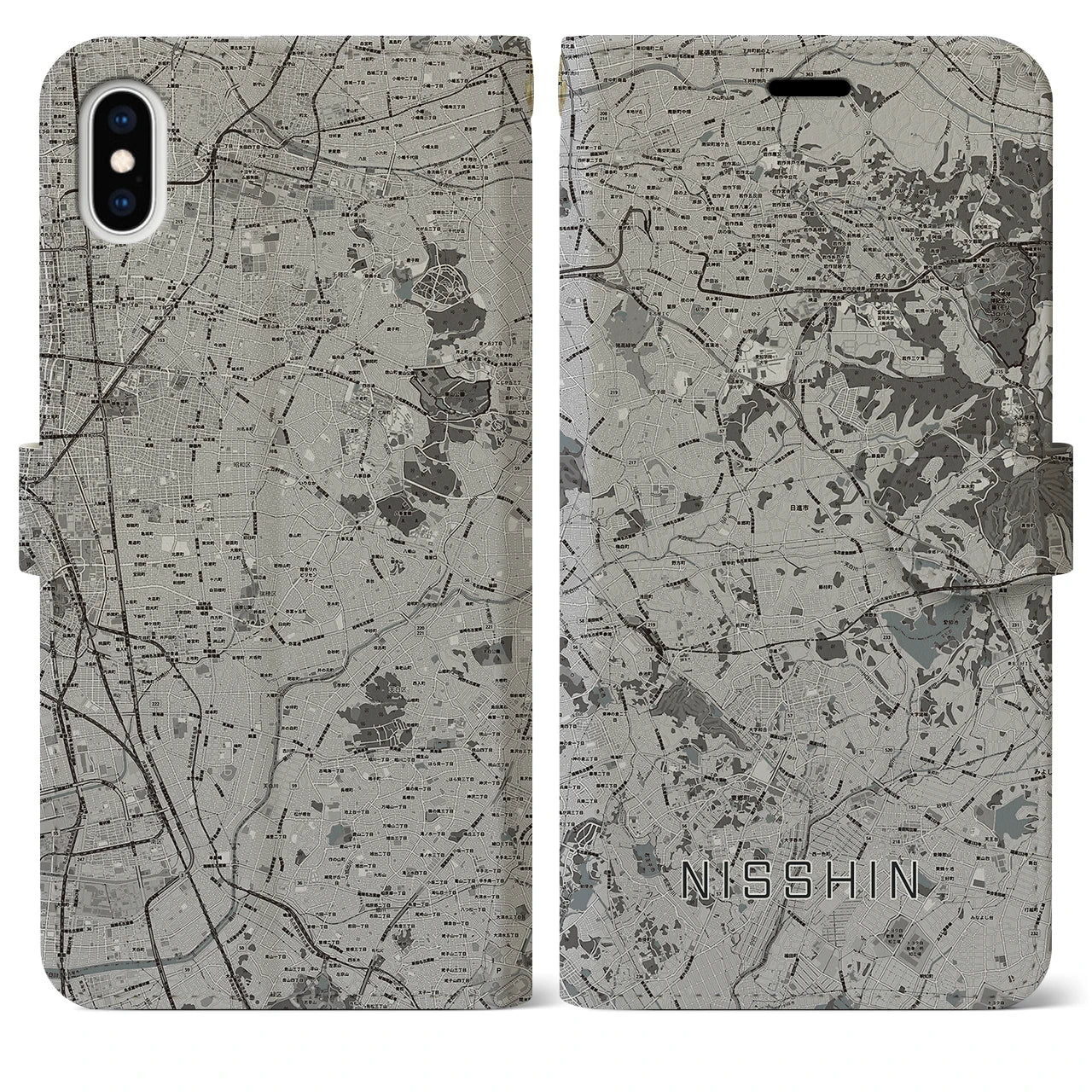 【日進(愛知県)】地図柄iPhoneケース(手帳タイプ)モノトーン・iPhone XS Max 用