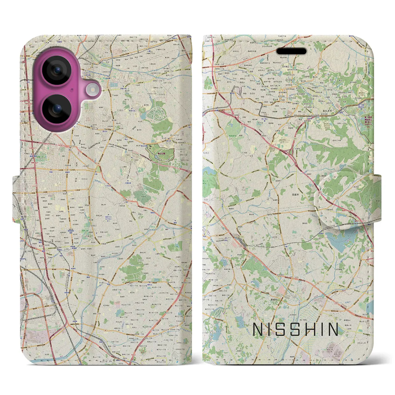 【日進(愛知県)】地図柄iPhoneケース(手帳タイプ)ナチュラル・iPhone 16 Pro 用