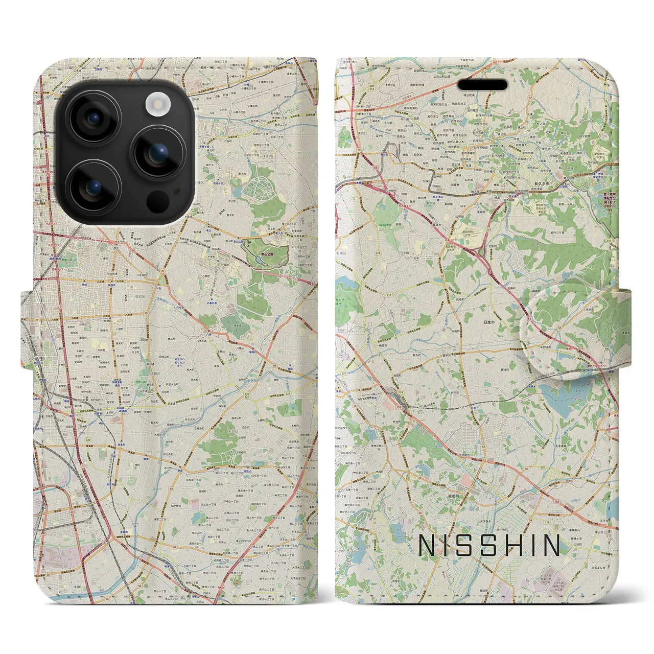 【日進(愛知県)】地図柄iPhoneケース(手帳タイプ)ナチュラル・iPhone 16 用